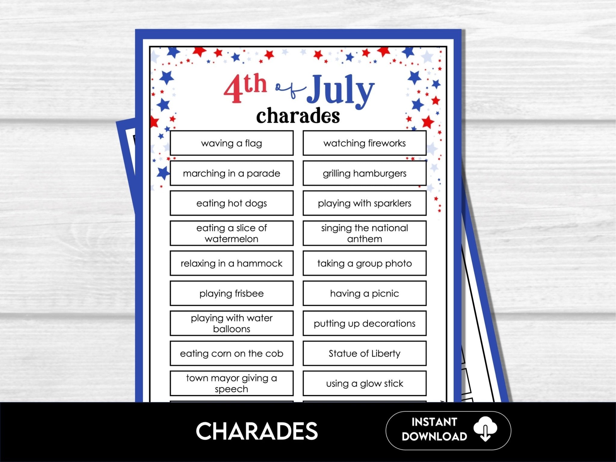 4th of July Charades Game – Printable Party Icebreaker 4J