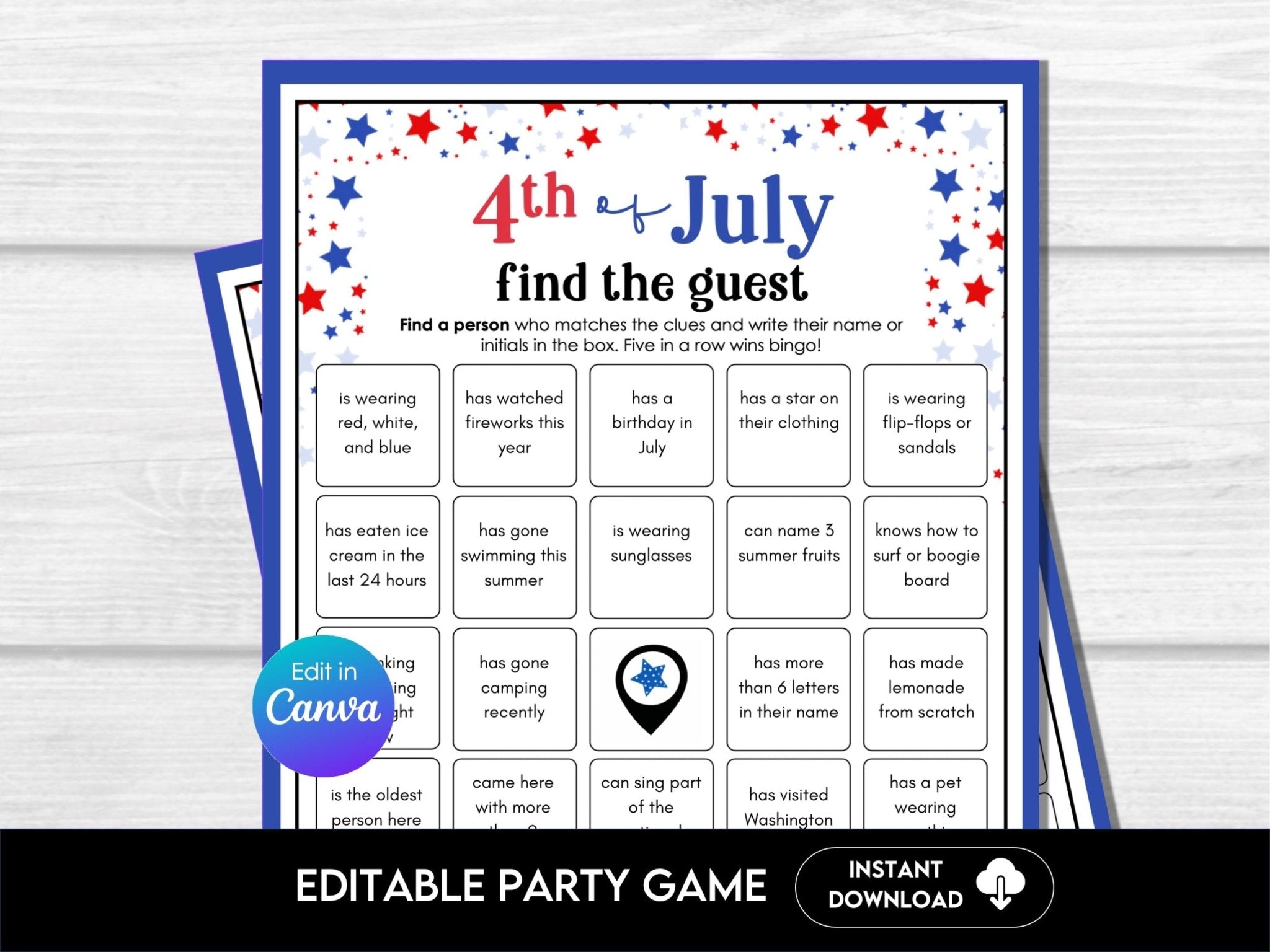 4th of July Find the Guest Bingo - Editable Party Game 4J