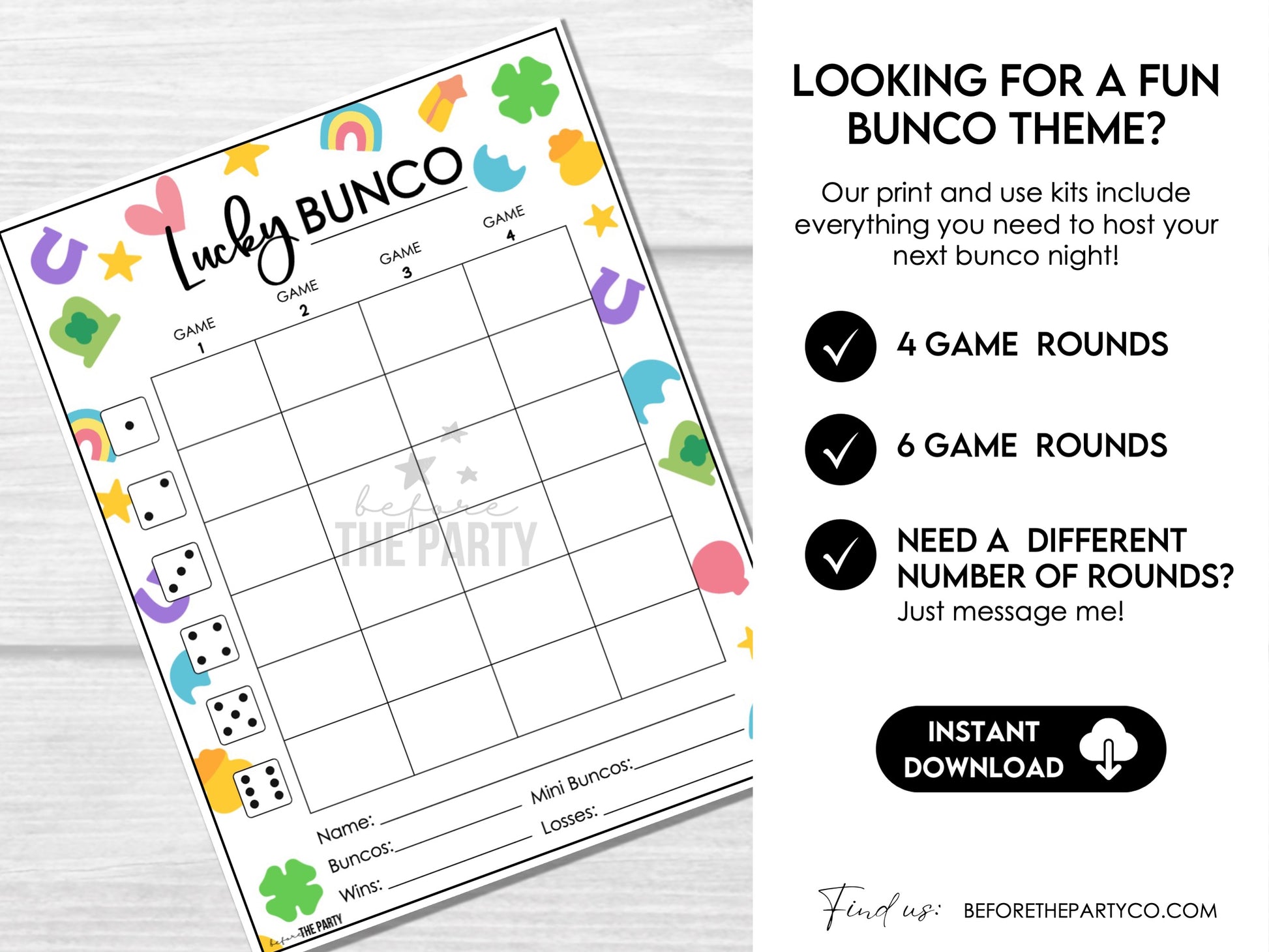 March Bunco Score Sheets - Lucky Theme with Tally Sheets - Bunco Invitation