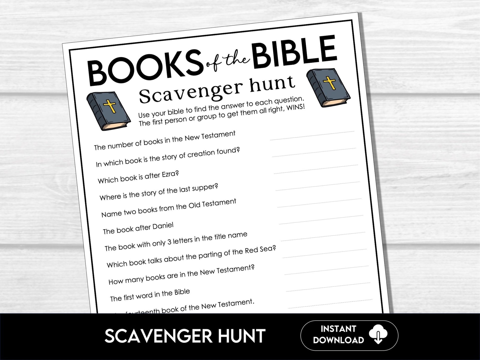Books of the Bible Scavenger Hunt Game, Printable Church Group Activity, Sunday School Game