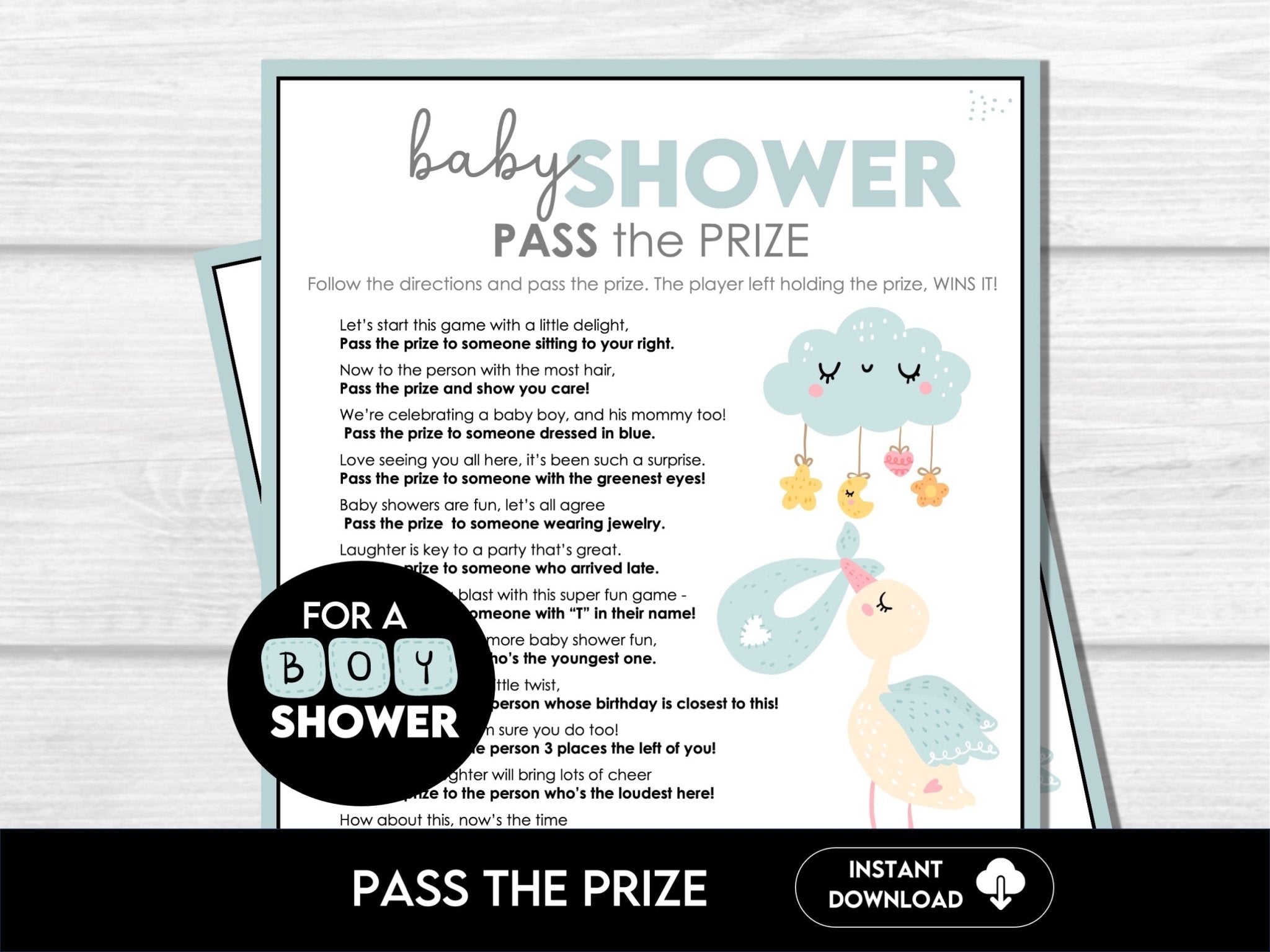 Boy Baby Shower Pass the Prize Printable Party Game – Before The
