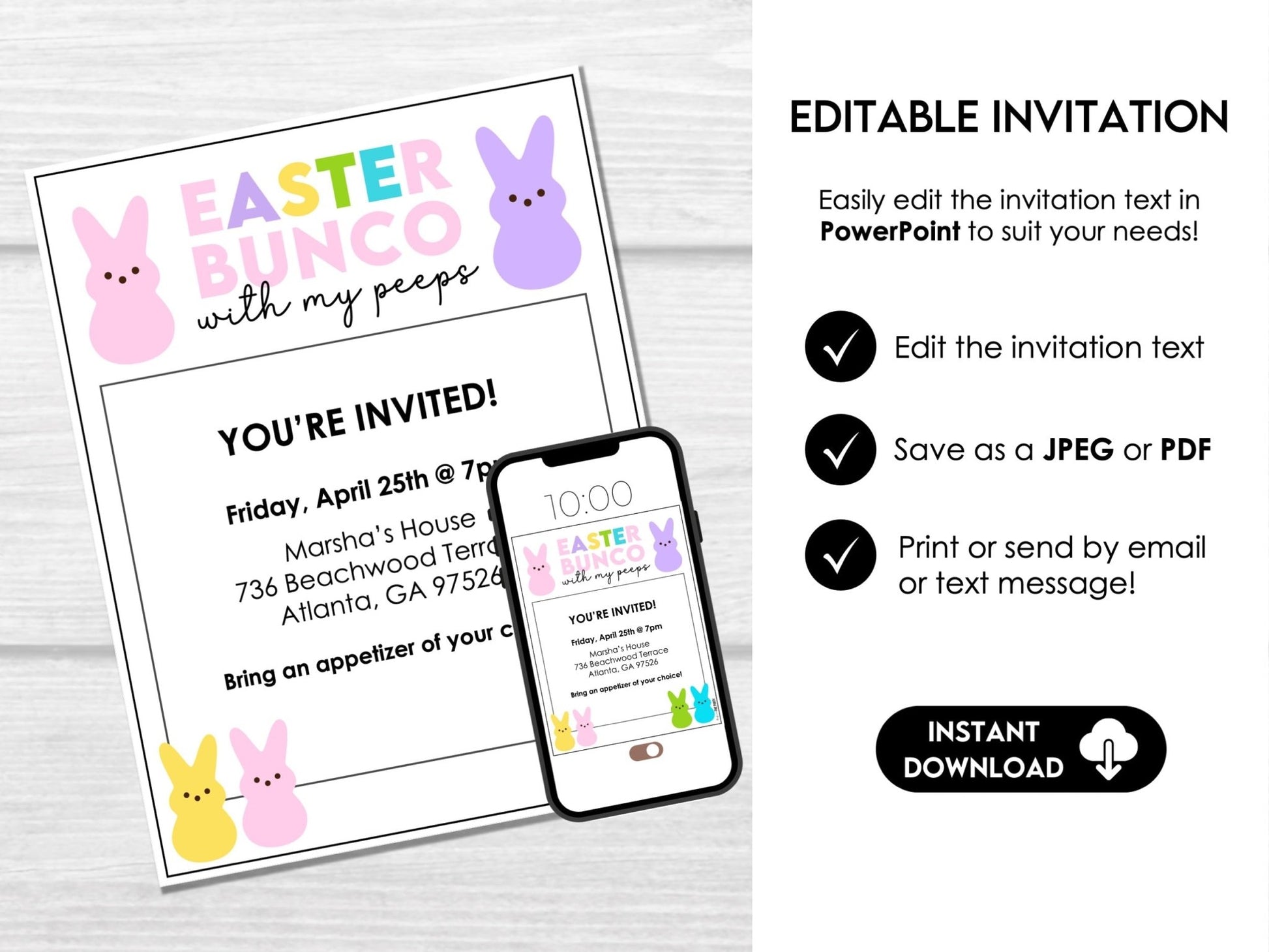Bunco with My Peeps - Bunco Score Sheets, Tally Sheets, Table Numbers, Editable Invitation