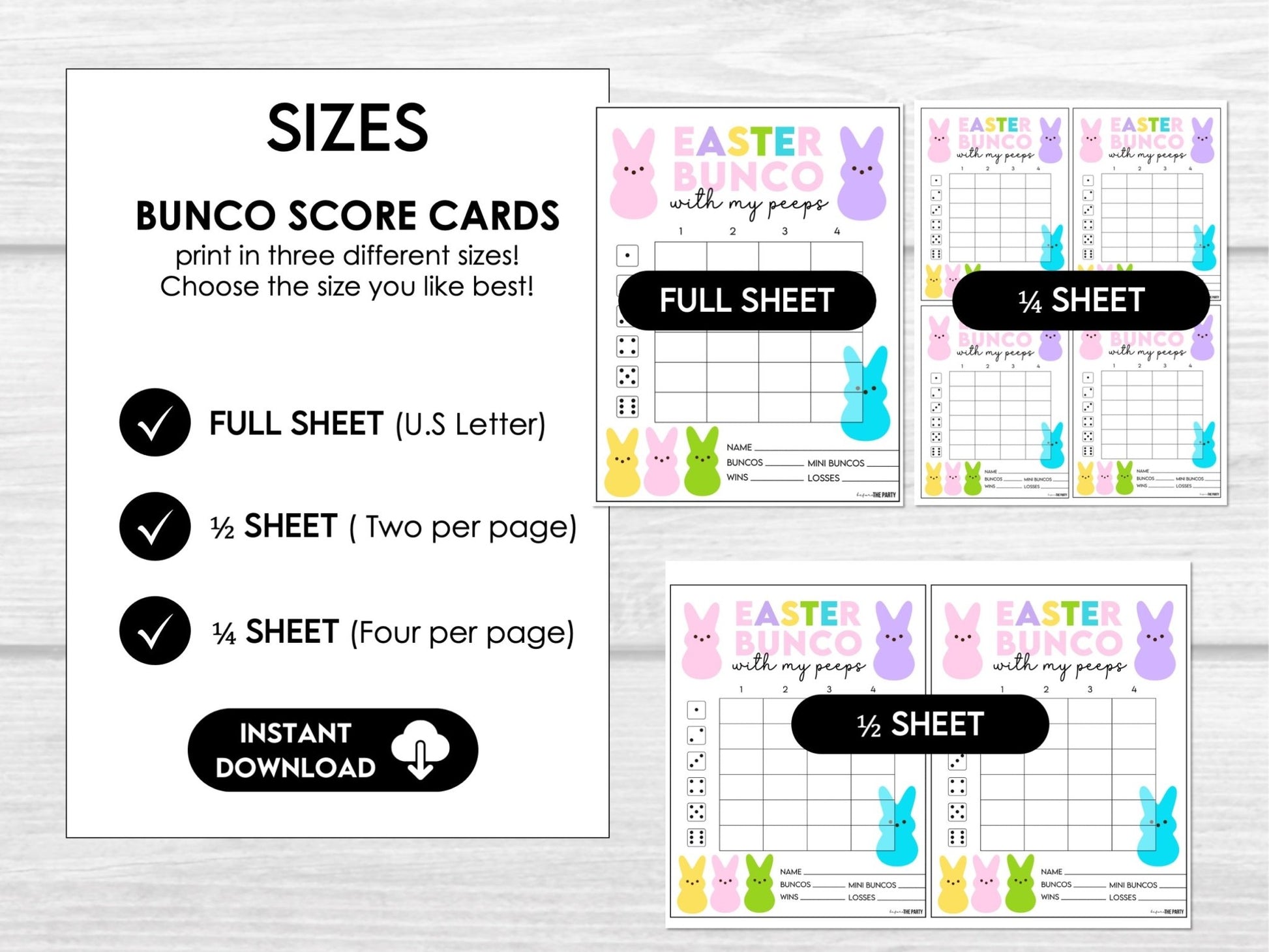 Bunco with My Peeps - Bunco Score Sheets, Tally Sheets, Table Numbers, Editable Invitation