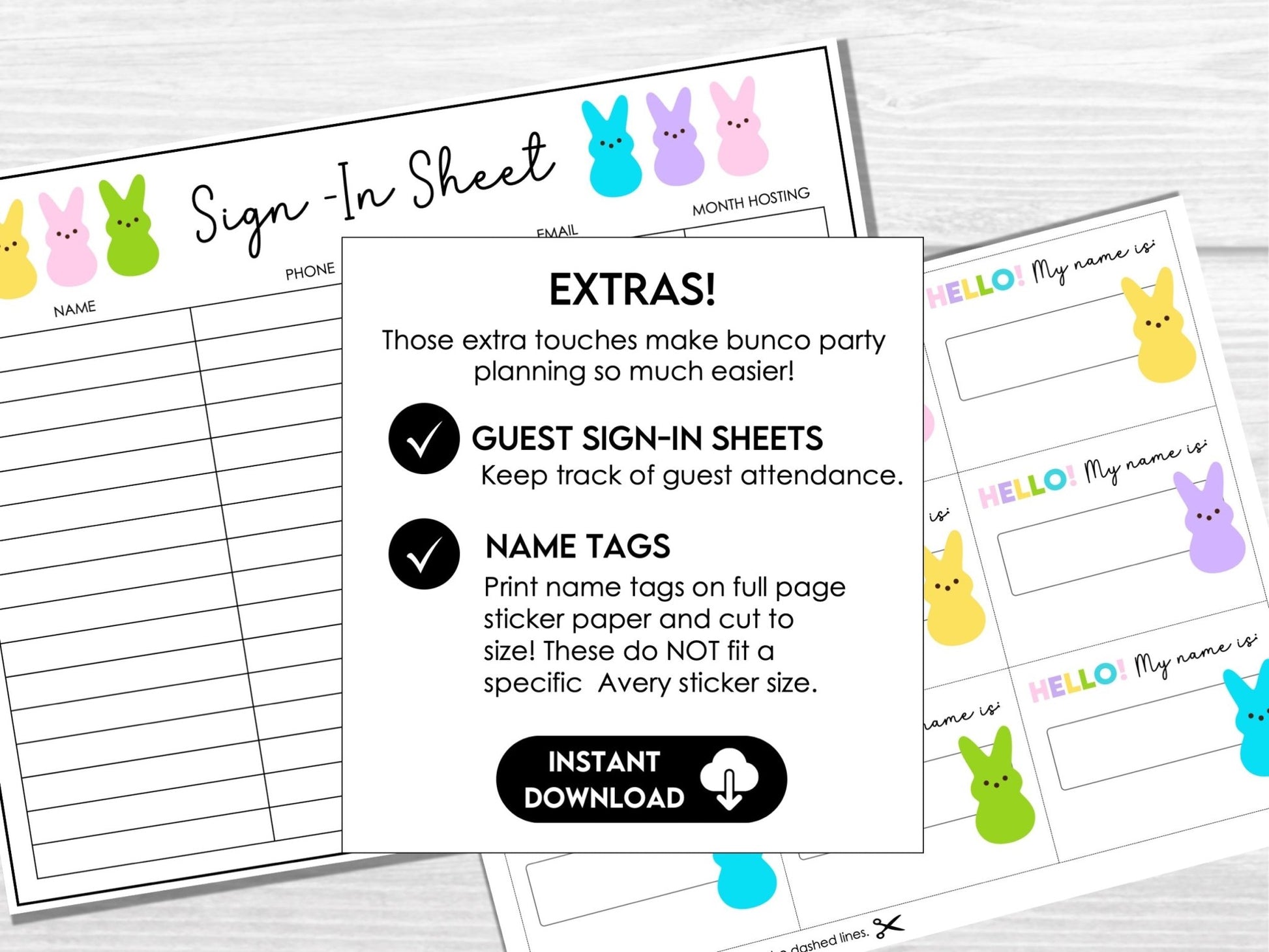 Bunco with My Peeps - Bunco Score Sheets, Tally Sheets, Table Numbers, Editable Invitation