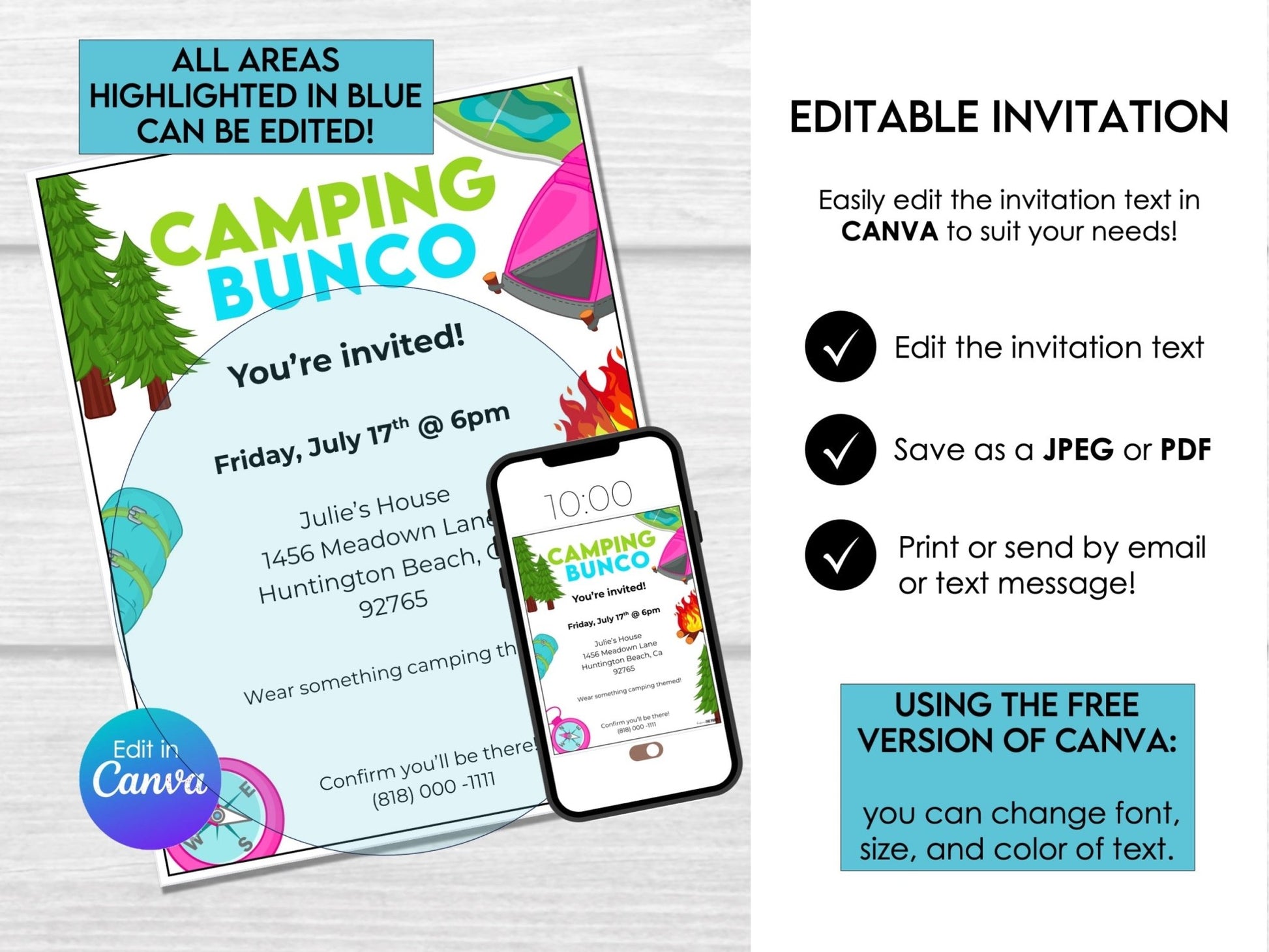Camping Bunco Party Printable Pack – Score Cards, Tally Sheets, Table Signs & Invitation C1