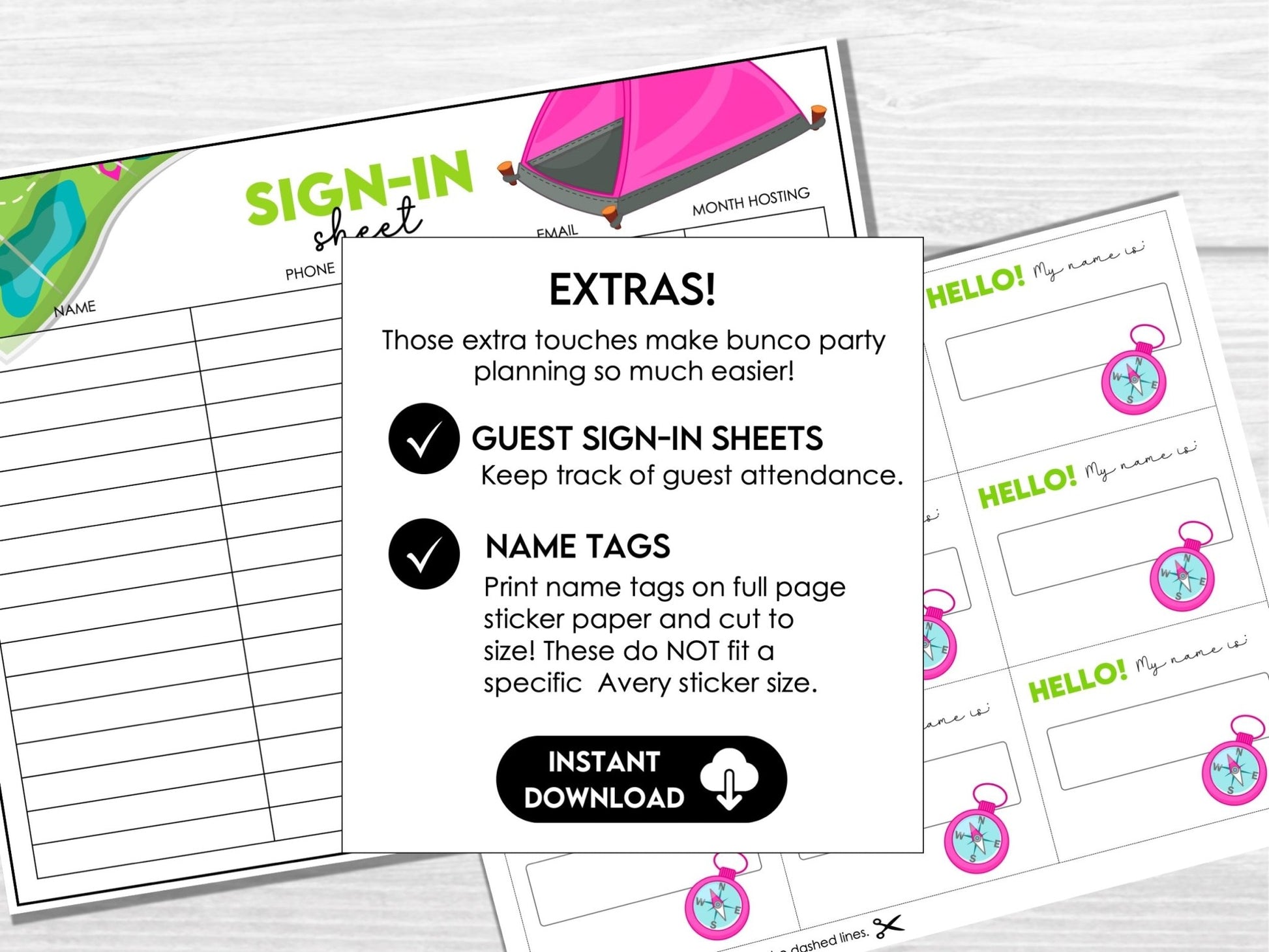 Camping Bunco Party Printable Pack – Score Cards, Tally Sheets, Table Signs & Invitation C1