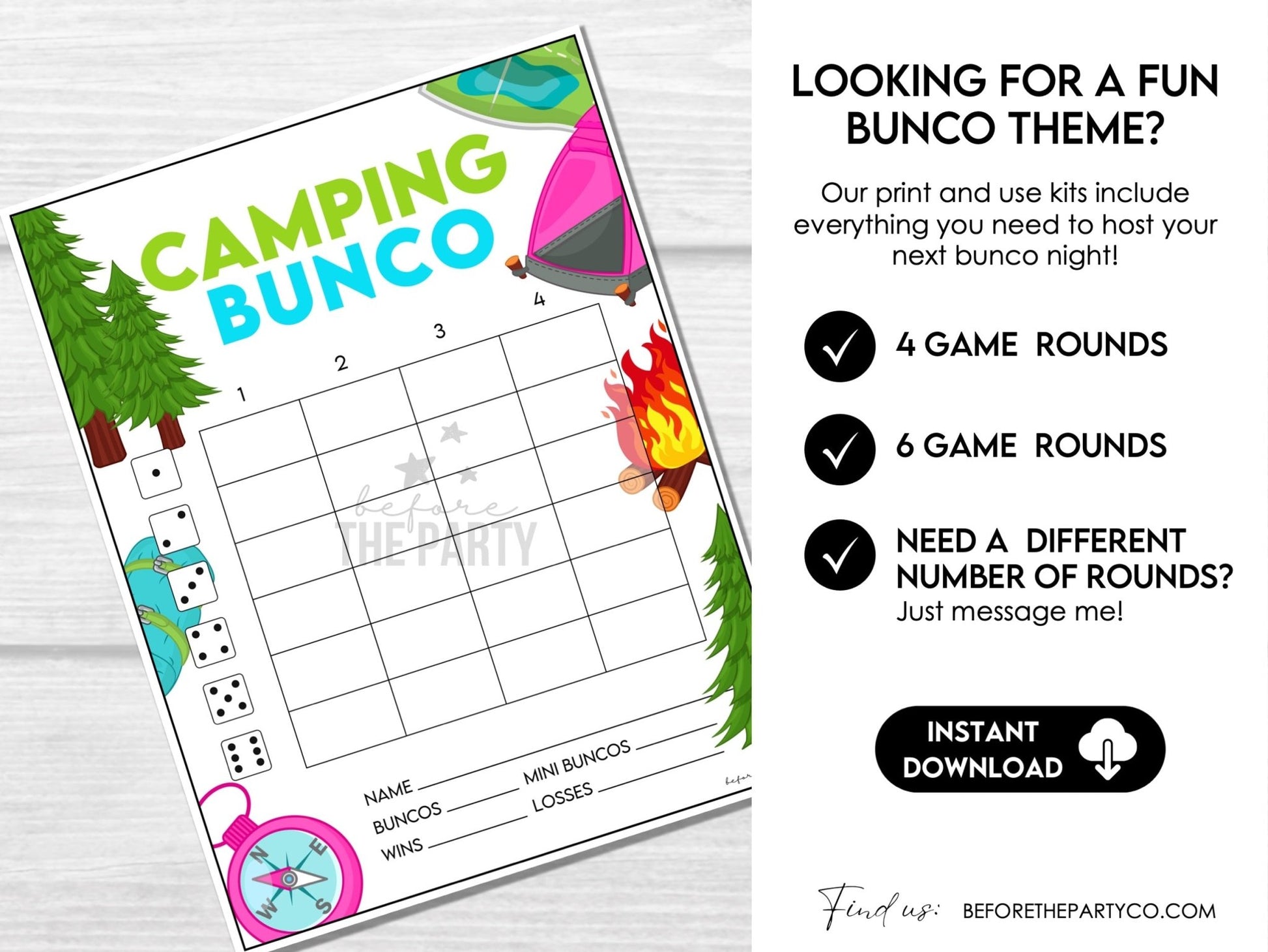 Camping Bunco Party Printable Pack – Score Cards, Tally Sheets, Table Signs & Invitation C1