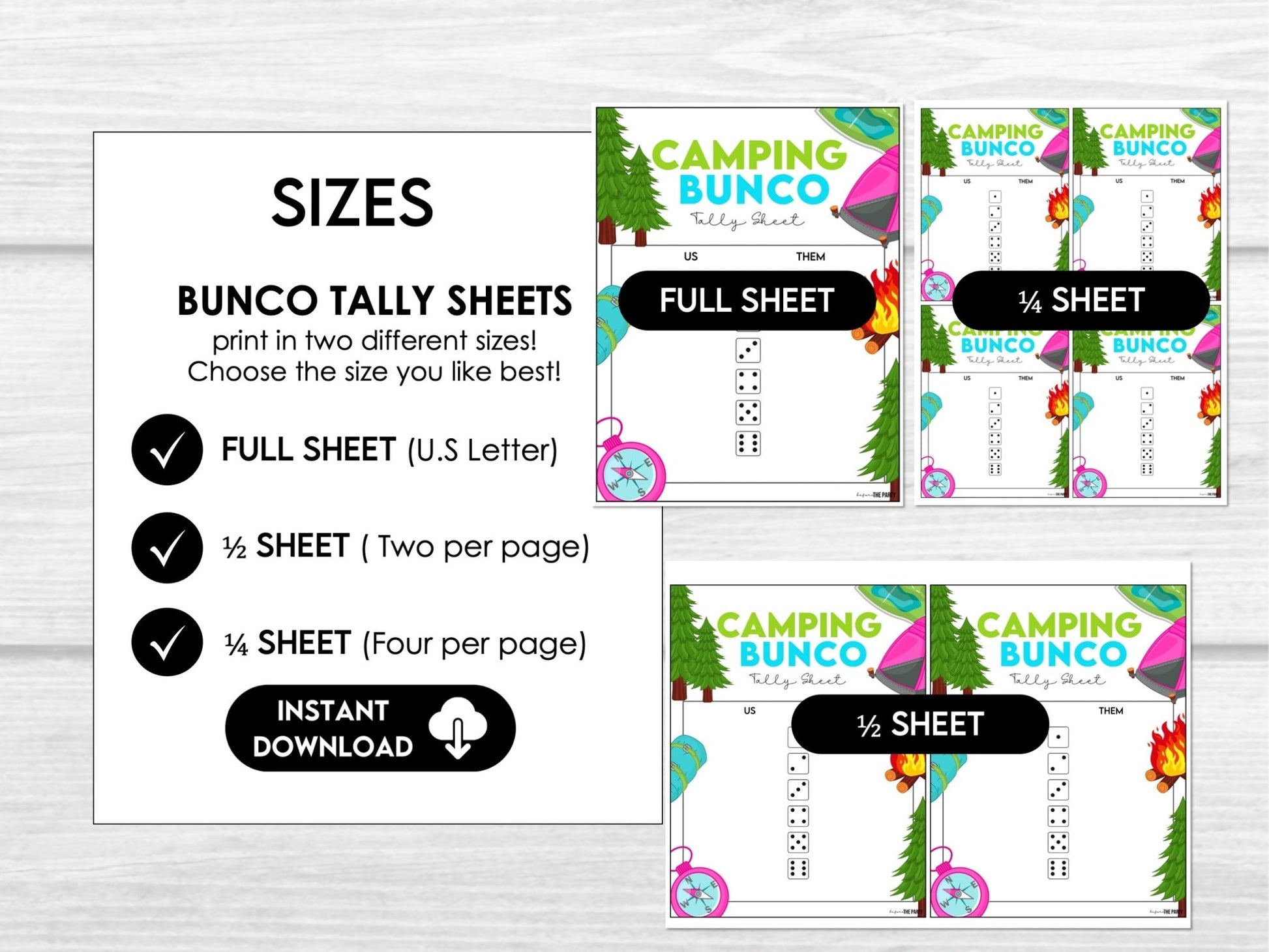 Camping Bunco Party Printable Pack – Score Cards, Tally Sheets, Table Signs & Invitation C1