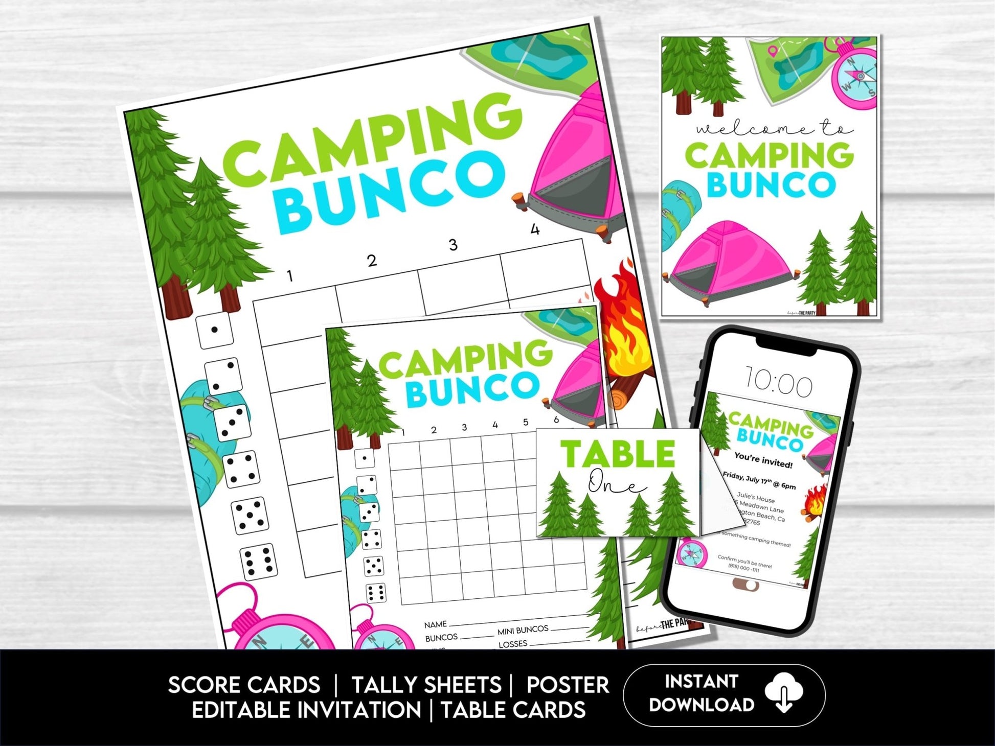 Camping Bunco Party Printable Pack – Score Cards, Tally Sheets, Table Signs & Invitation C1