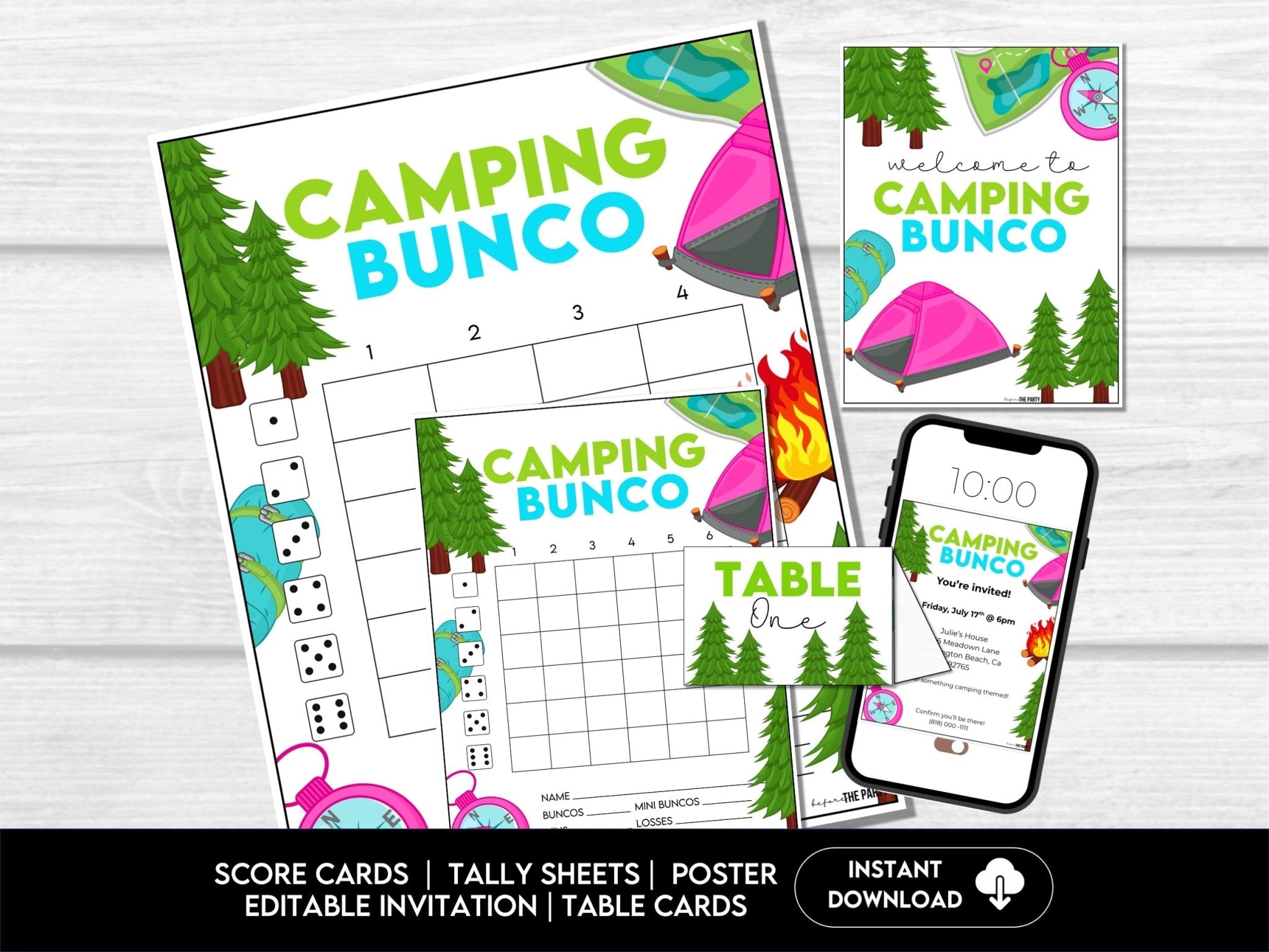 Camping Bunco Party Printable Pack – Score Cards, Tally Sheets, Table Signs & Invitation C1