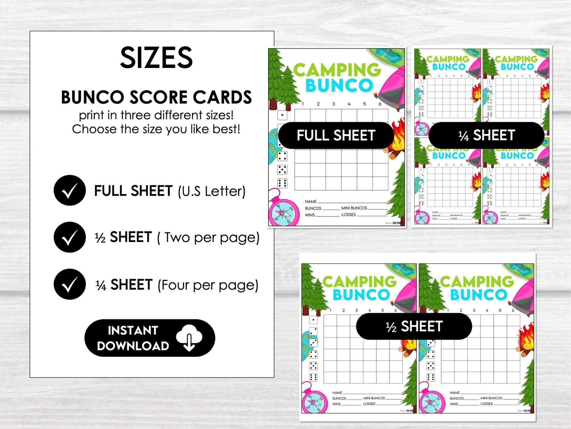 Camping Bunco Party Printable Pack – Score Cards, Tally Sheets, Table Signs & Invitation C1