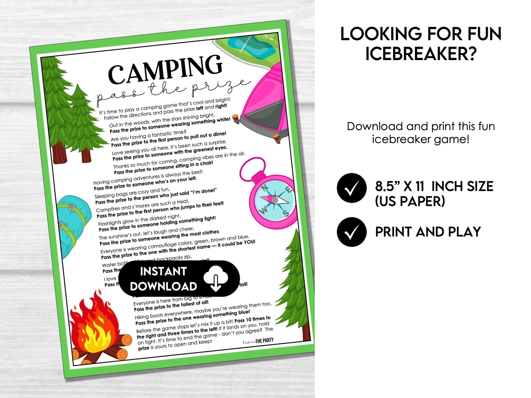 Camping Pass The Prize Party Game - Summer Campground Fun Pass the Present C1