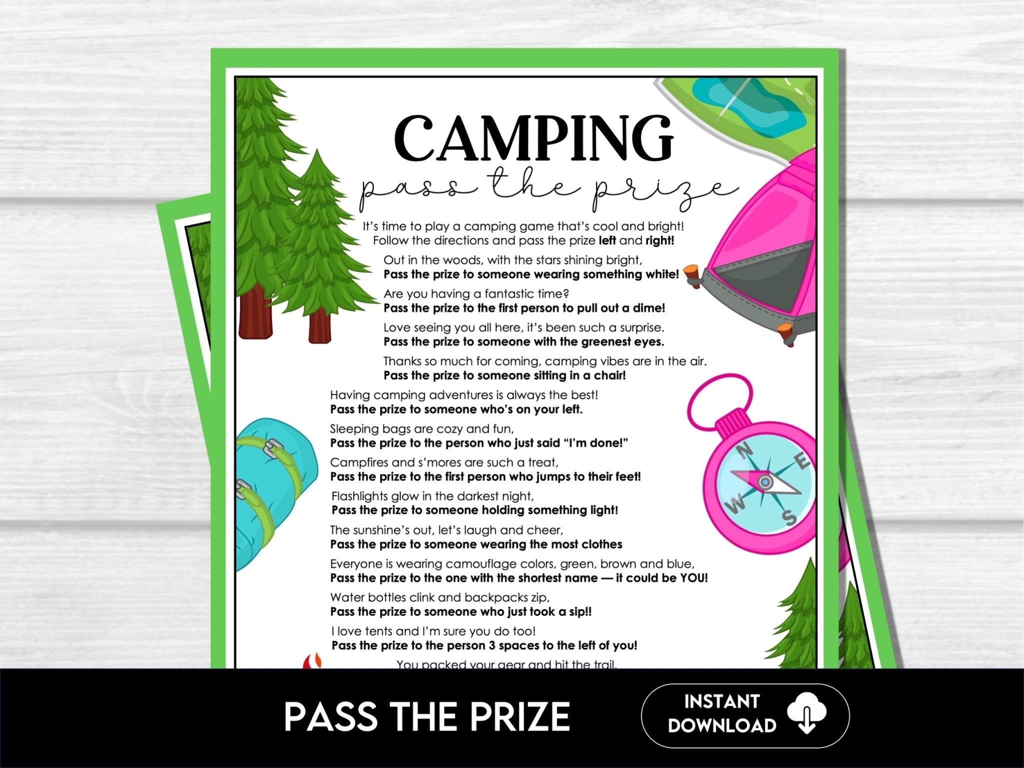 Camping Pass The Prize Party Game - Summer Campground Fun Pass the Present C1