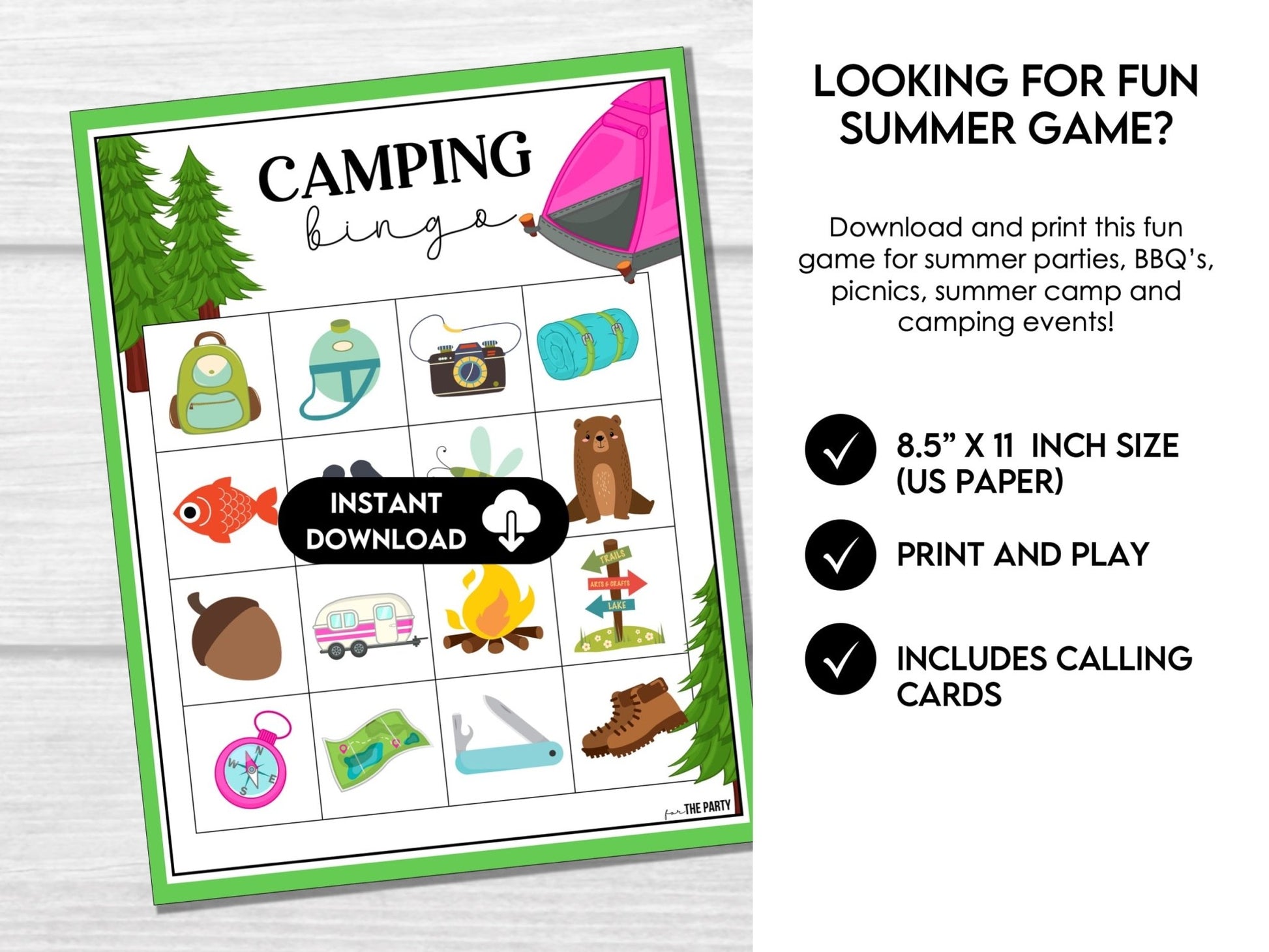 Camping Vocabulary Bingo Cards - 30 Summer Game Cards C1
