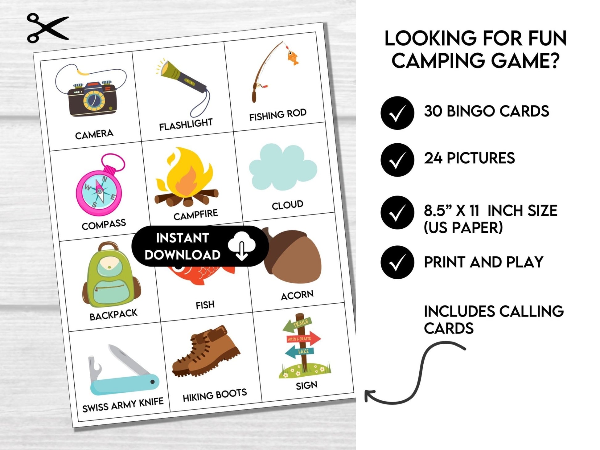 Camping Vocabulary Bingo Cards - 30 Summer Game Cards C1