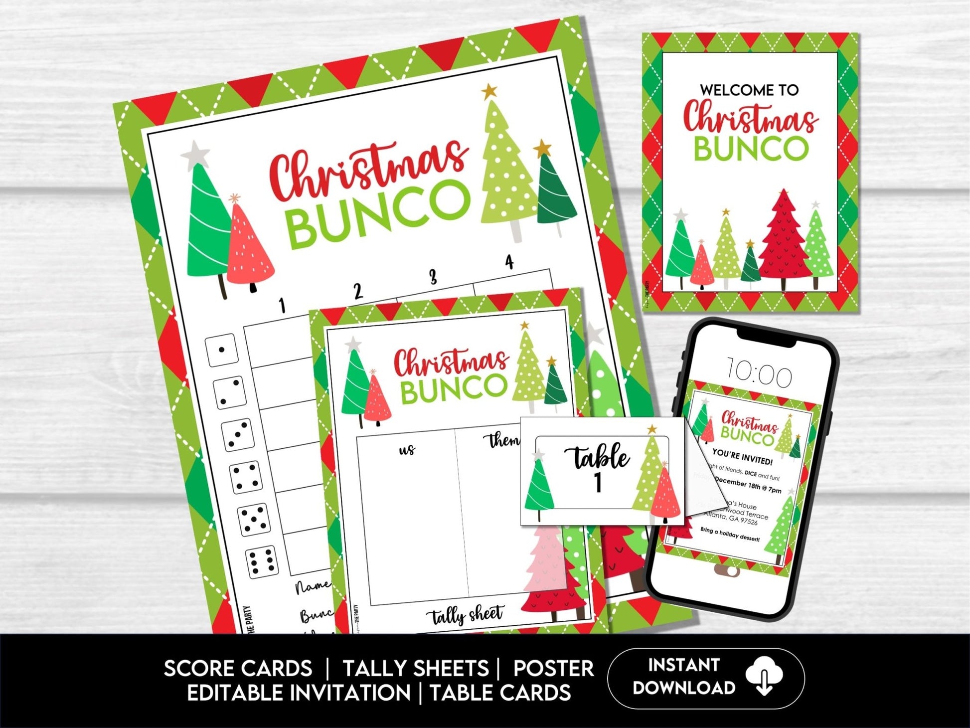 Christmas Tree Bunco Score Sheets Bundle - Score Cards, Tally Sheets and Table Numbers