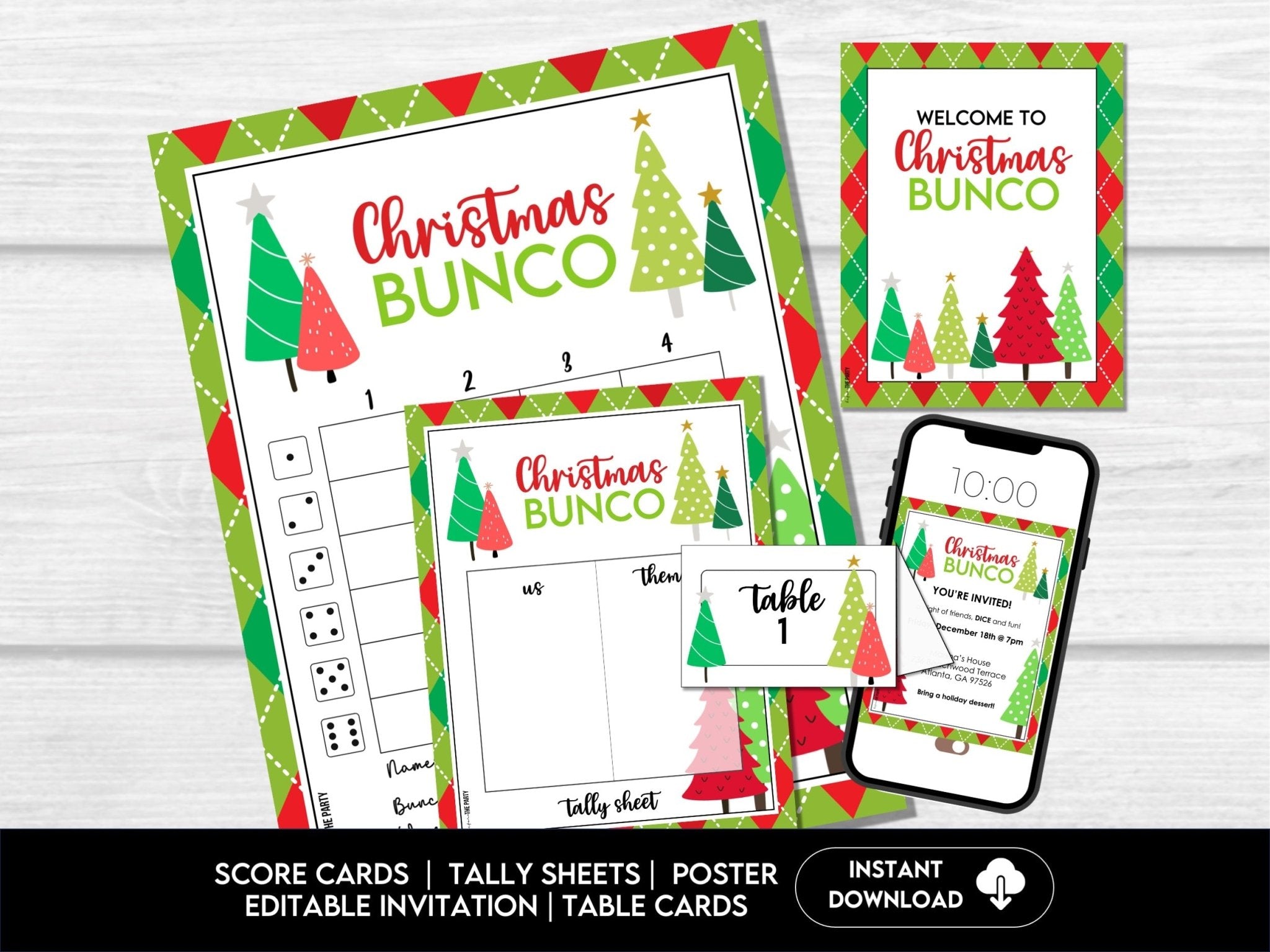 Christmas Tree Bunco Score Sheets Bundle - Score Cards, Tally Sheets and Table Numbers