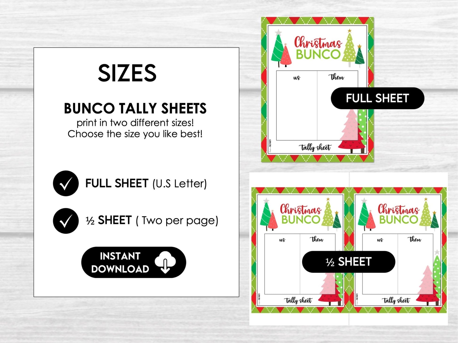 Christmas Tree Bunco Score Sheets Bundle - Score Cards, Tally Sheets and Table Numbers