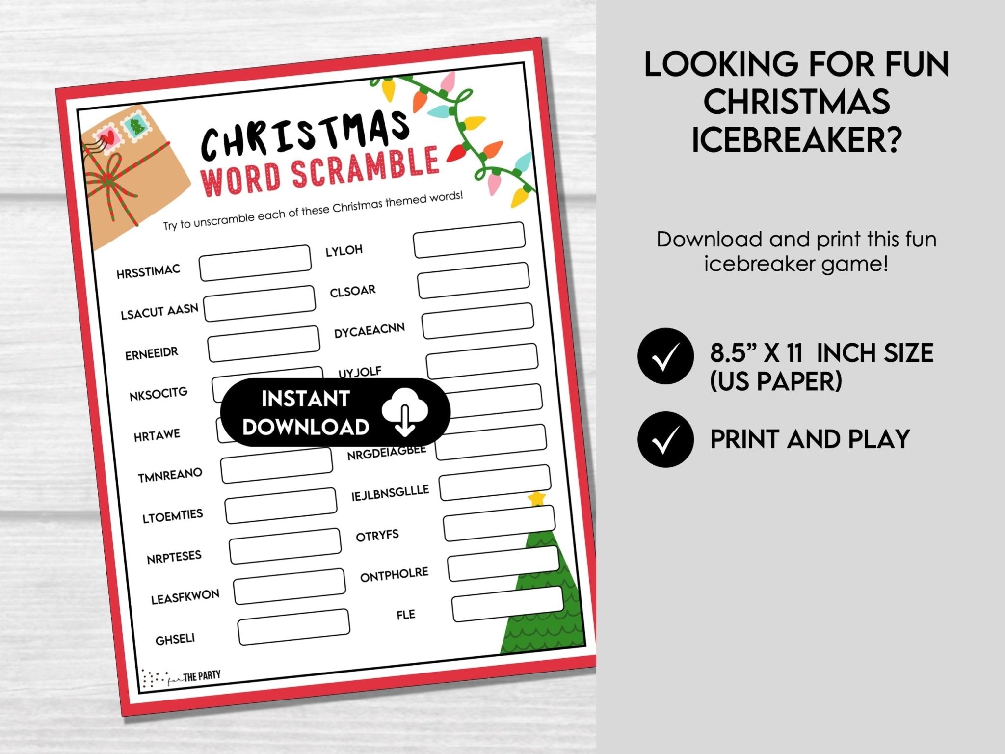 Christmas Word Scramble Game, Printable Holiday Activity for Kids and Adults