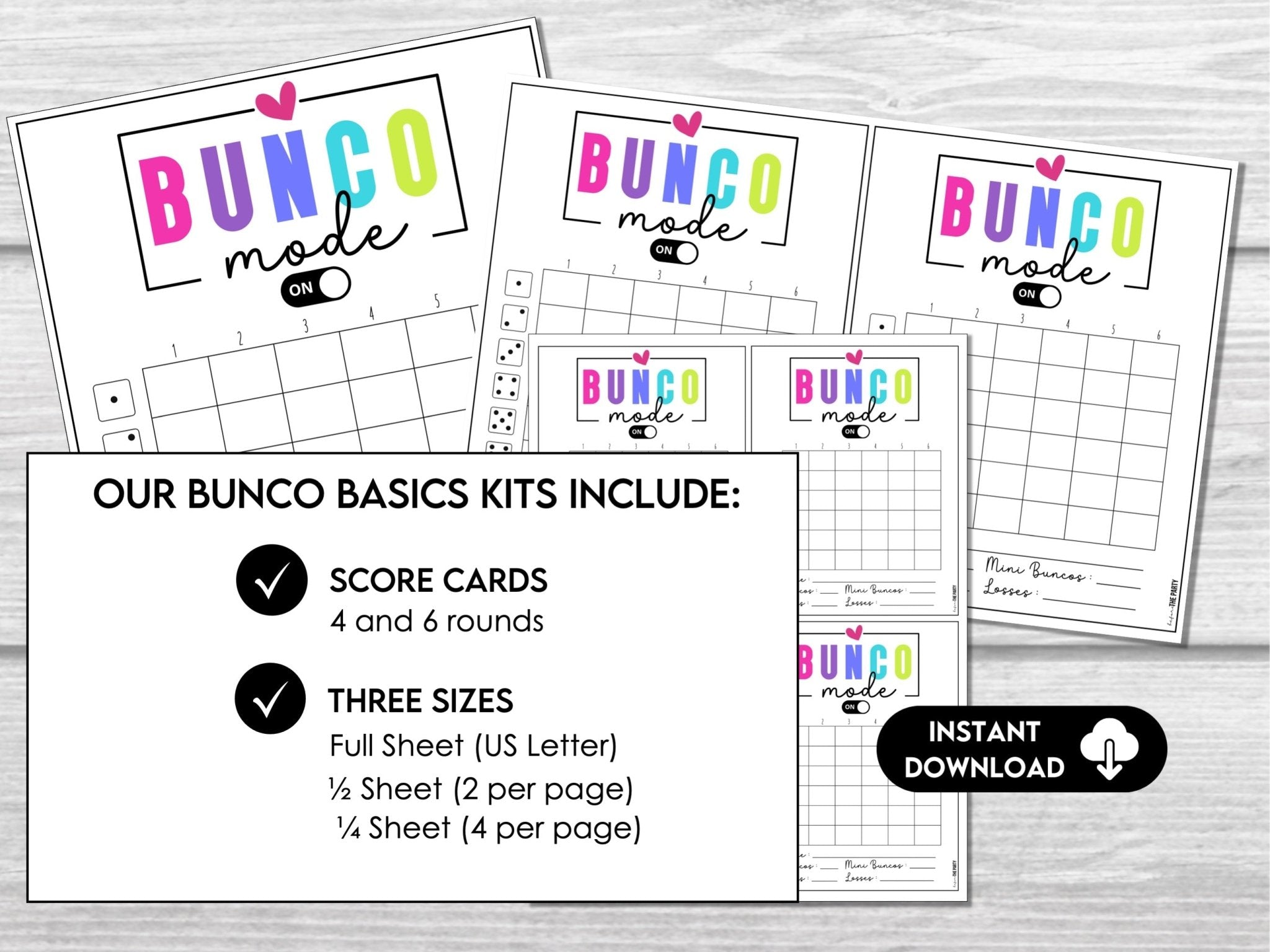 Bunco Mode Scorecards for Bunco Night, includes Tally Sheets and Table Numbers