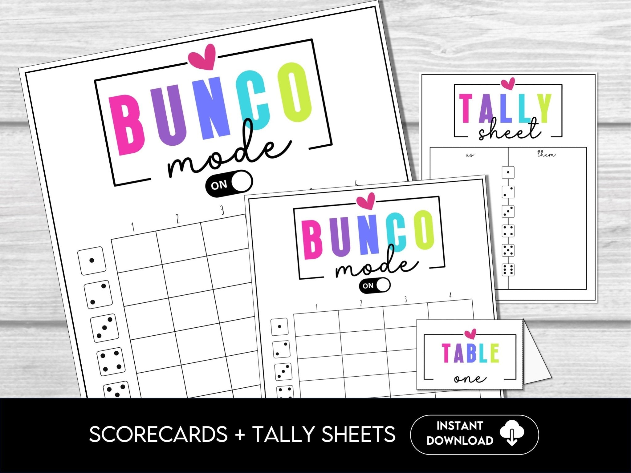 Bunco Mode Scorecards for Bunco Night, includes Tally Sheets and Table Numbers