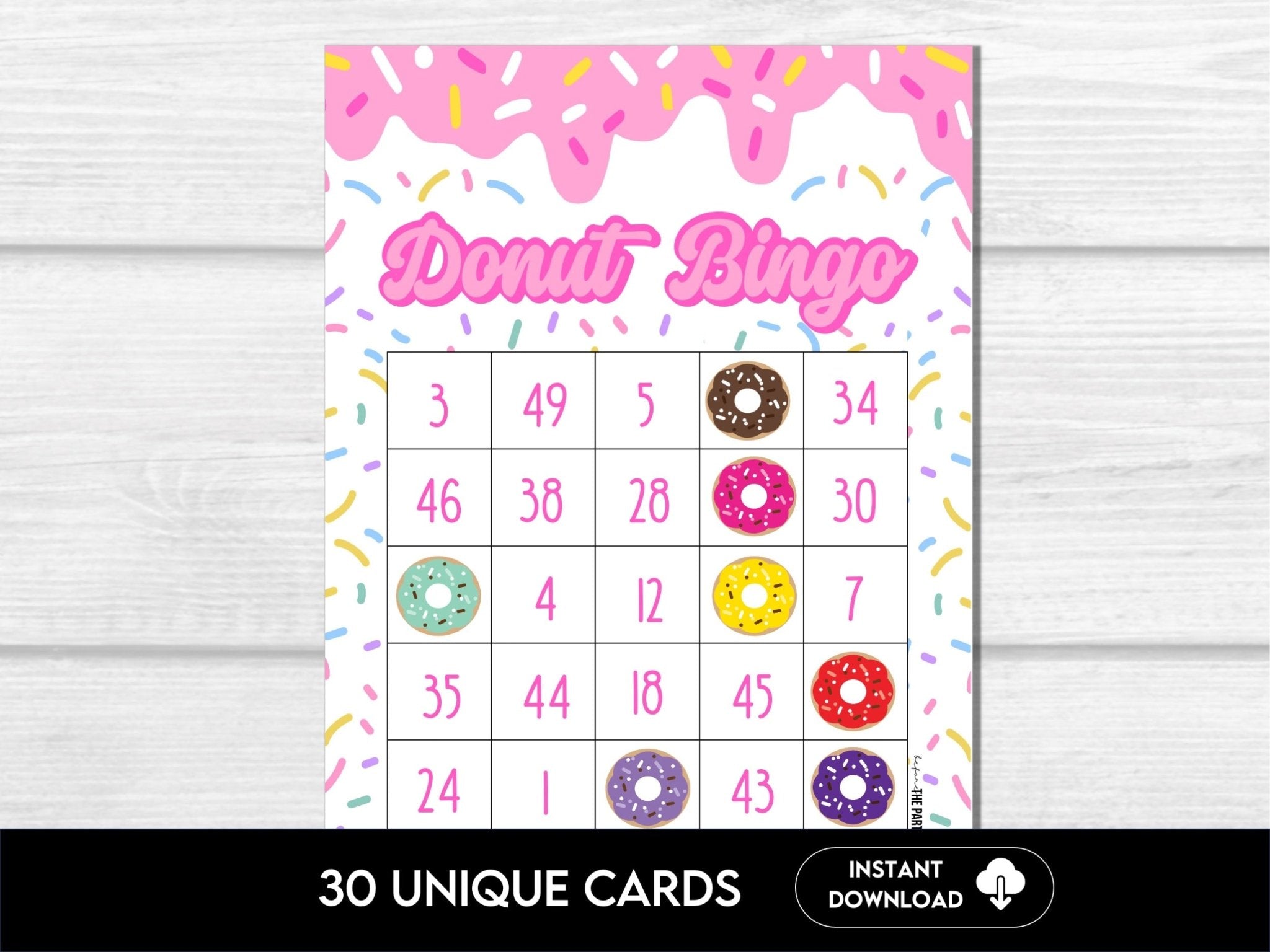 Donut Bingo Birthday Party Game - 30 Printable Bingo Cards