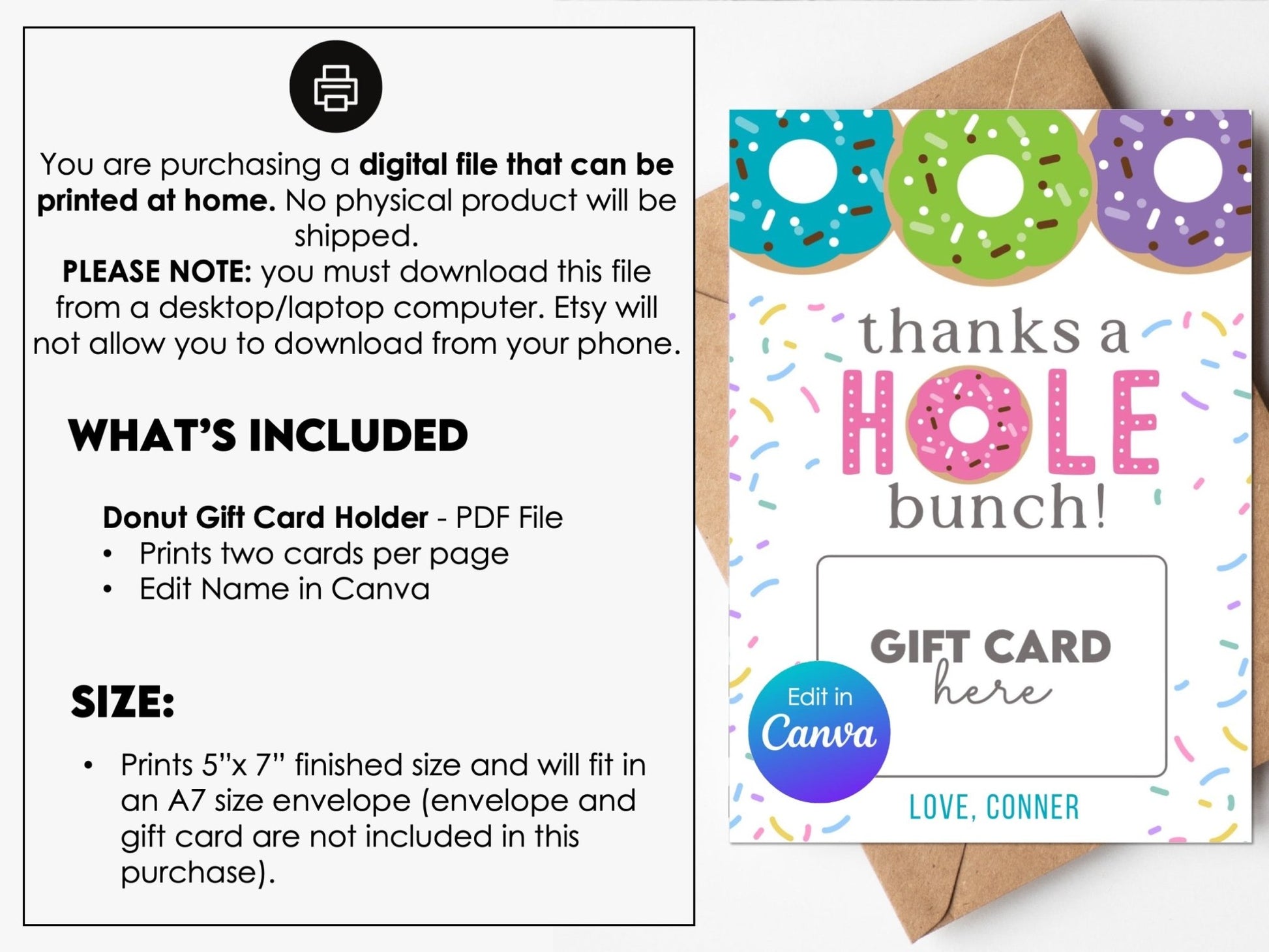 Donut Gift Card Holder – Editable 5x7 Canva Template