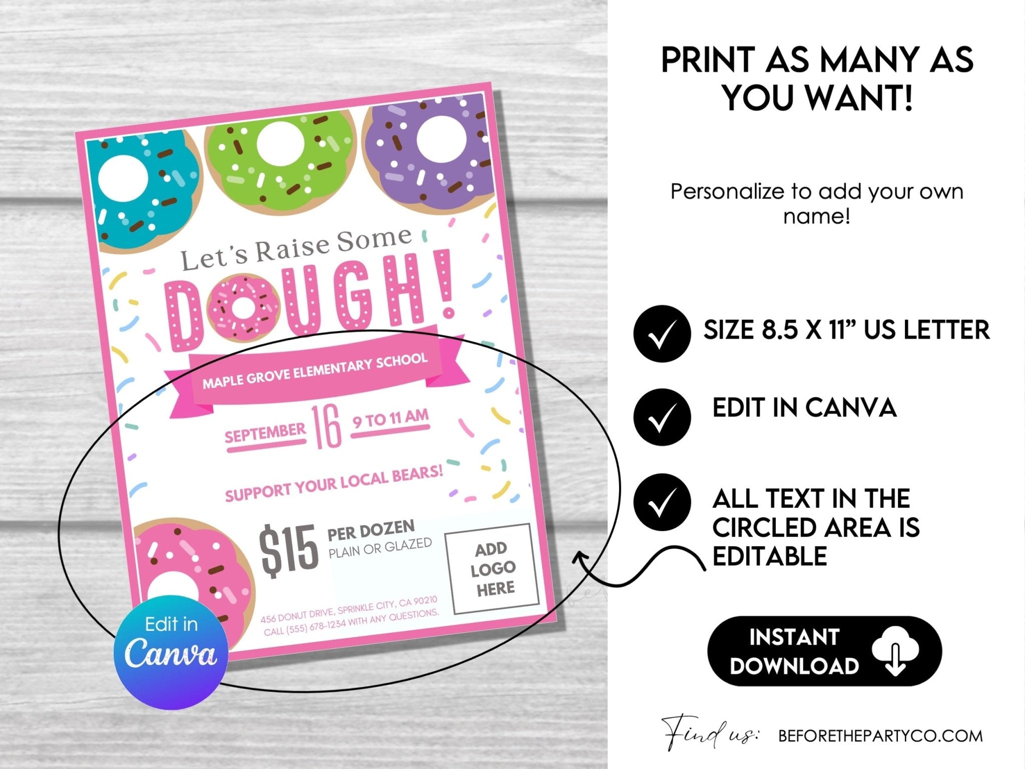 Donut School Fundraiser Flyer 8.5" x 11" – Editable Canva Template