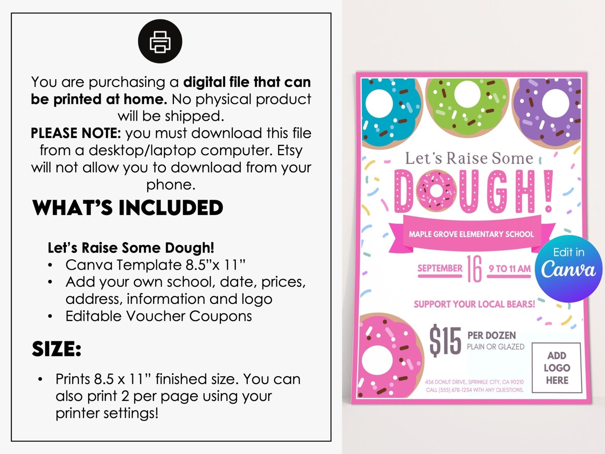 Donut School Fundraiser Flyer 8.5" x 11" – Editable Canva Template