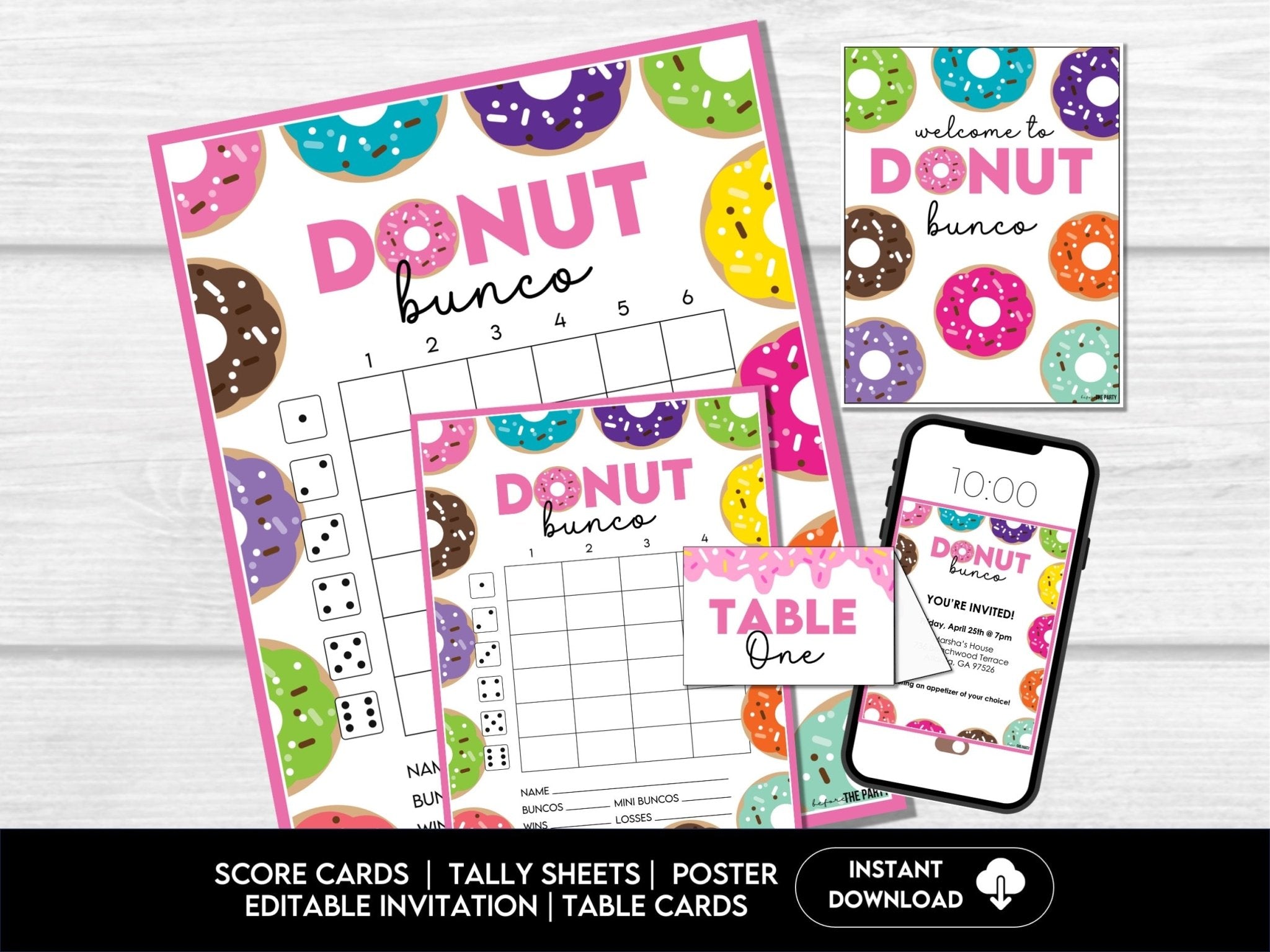 Dunkin Donuts - Inspired Bunco Party Printables – Pink & Orange Theme | Score Sheets, Tally Cards