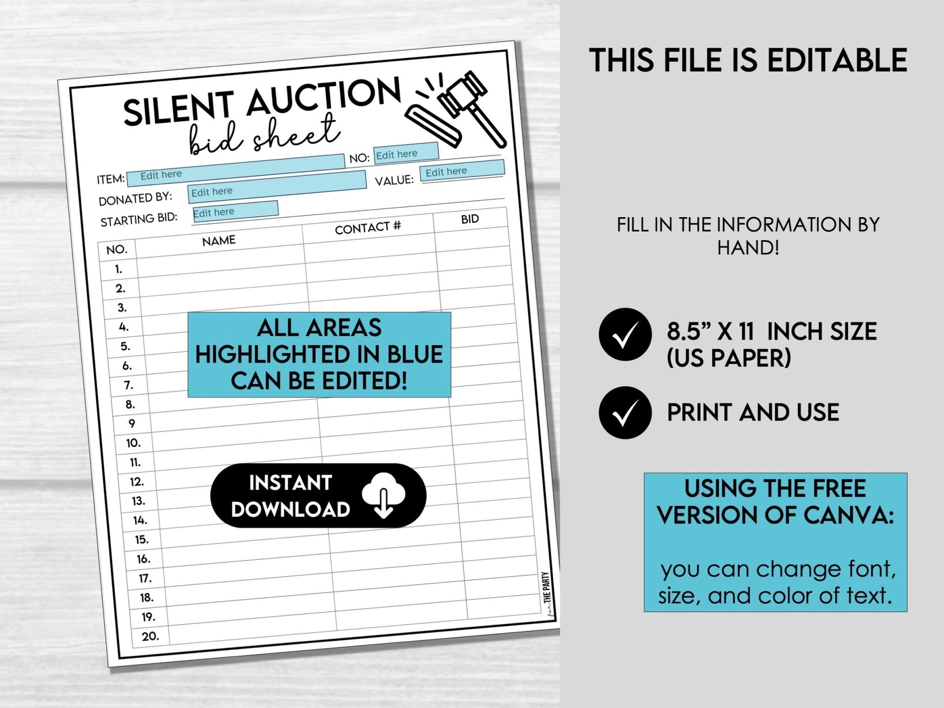 Editable Silent Auction Bid Sheet | Customizable Silent Auction Bidding Form
