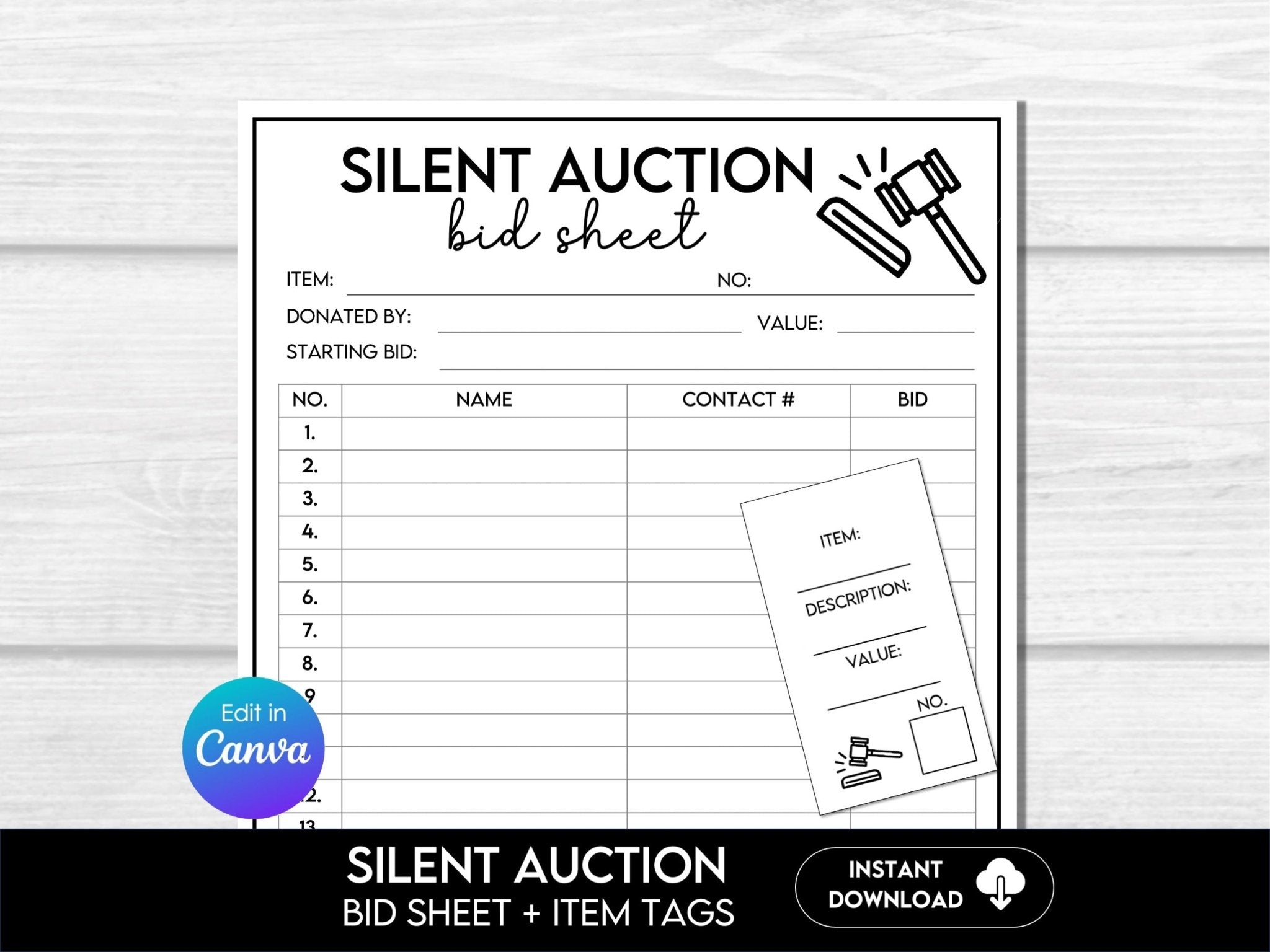 Editable Silent Auction Bid Sheet | Customizable Silent Auction Bidding Form