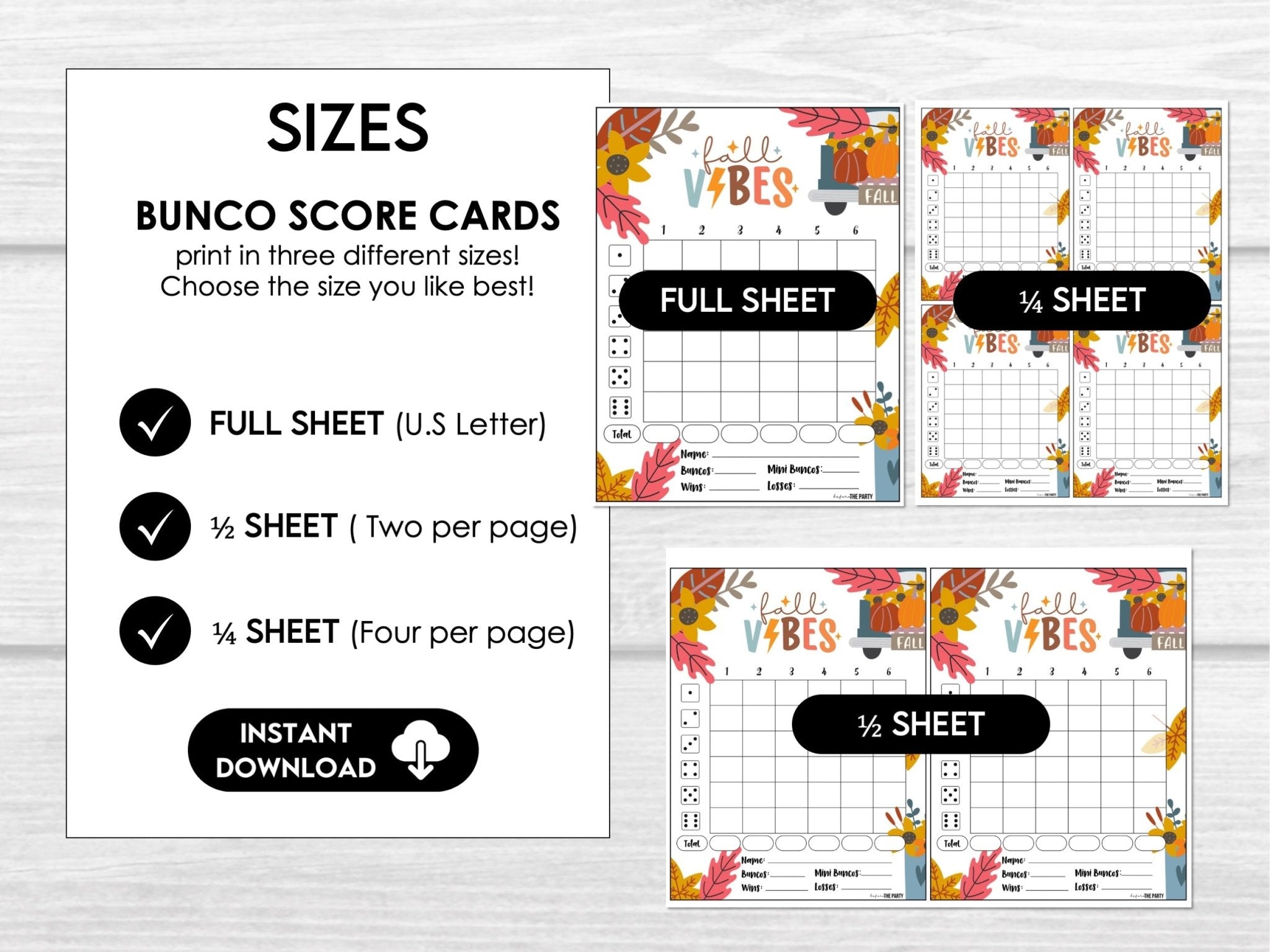 Fall VIBES Bunco Score Cards, Autumn Bunco Score Sheets, FALL Bunco Invitation, Pumpkin Theme
