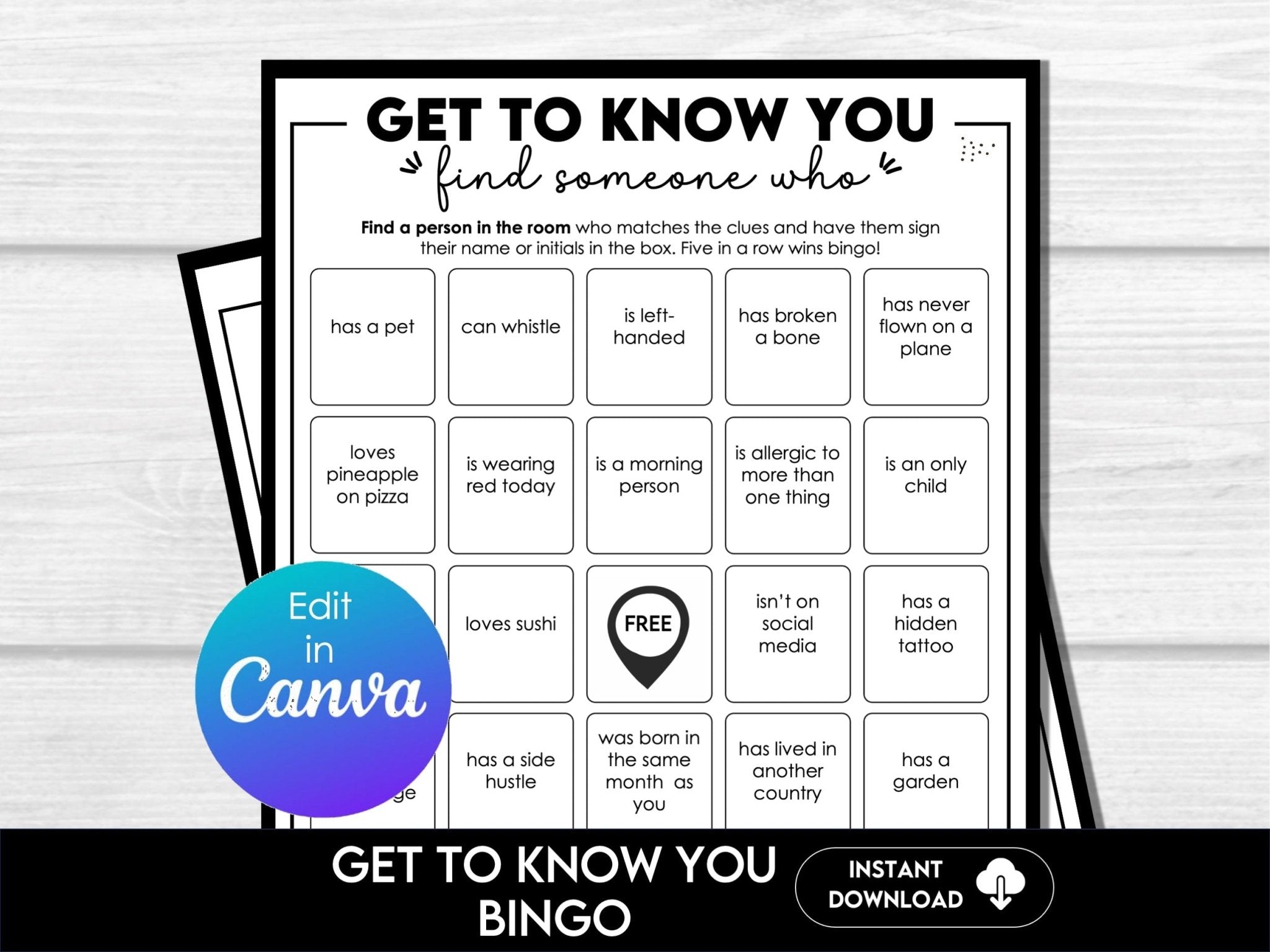 Find The Guest Bingo Game with Editable Prompts - Party Game for School, Office, Events