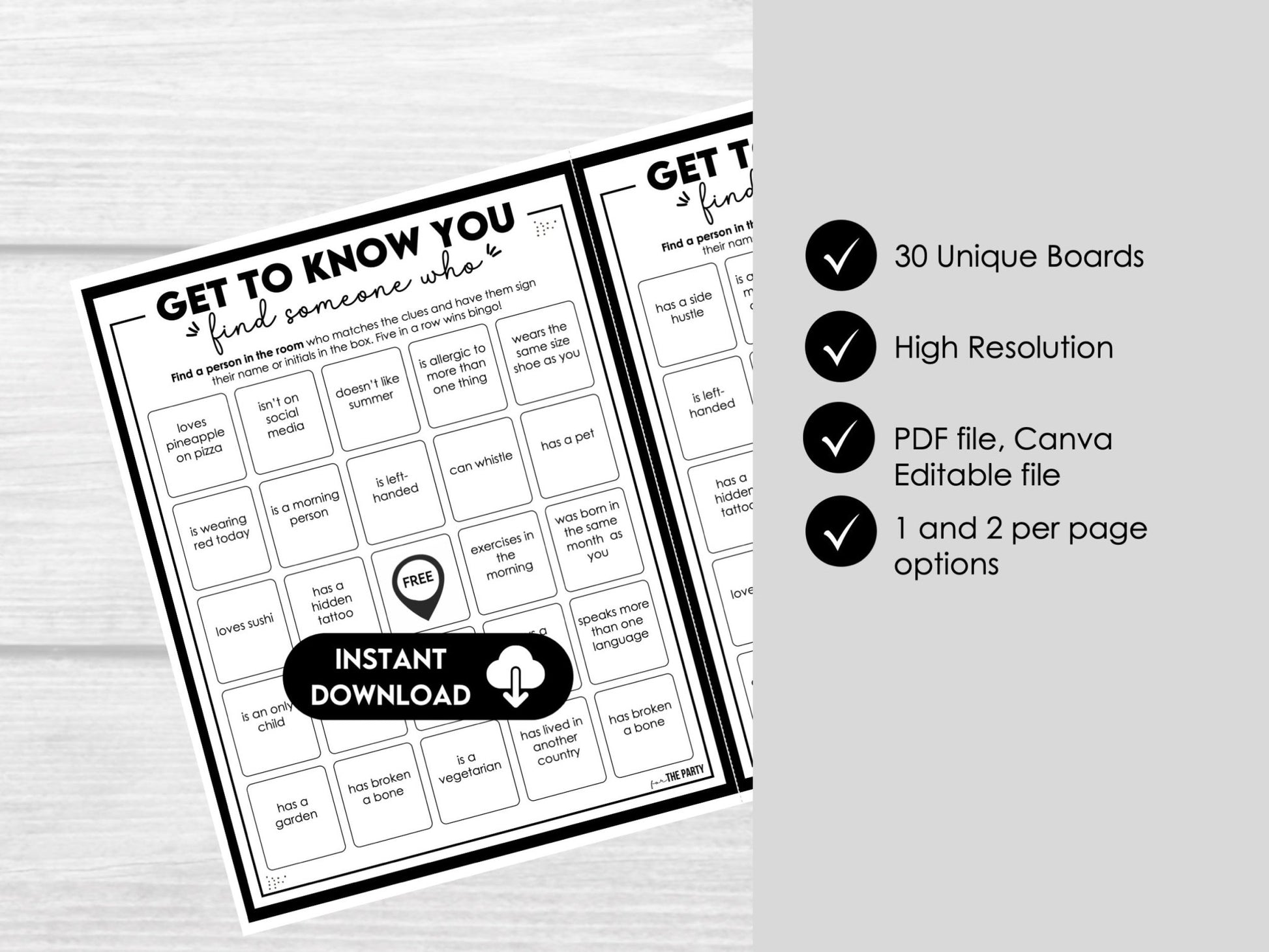 Find The Guest Bingo Game with Editable Prompts - Party Game for School, Office, Events