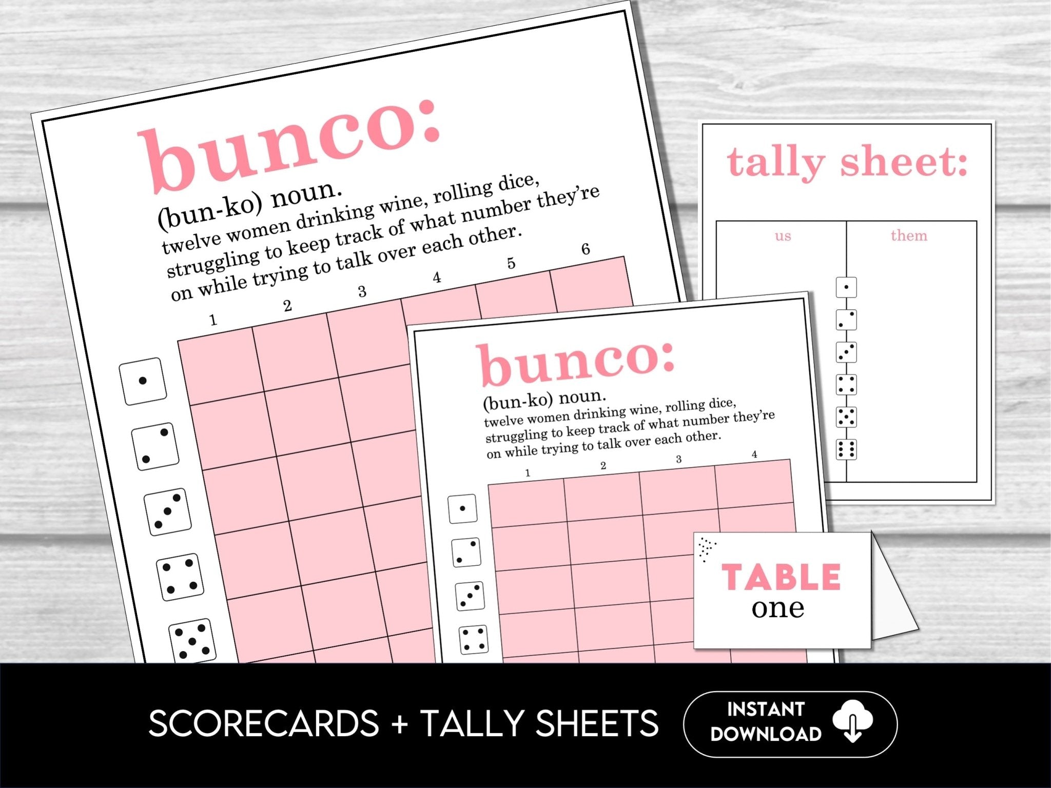 Funny Bunco Definition Scorecards for Bunco Night, includes Tally Sheets and Table Numbers