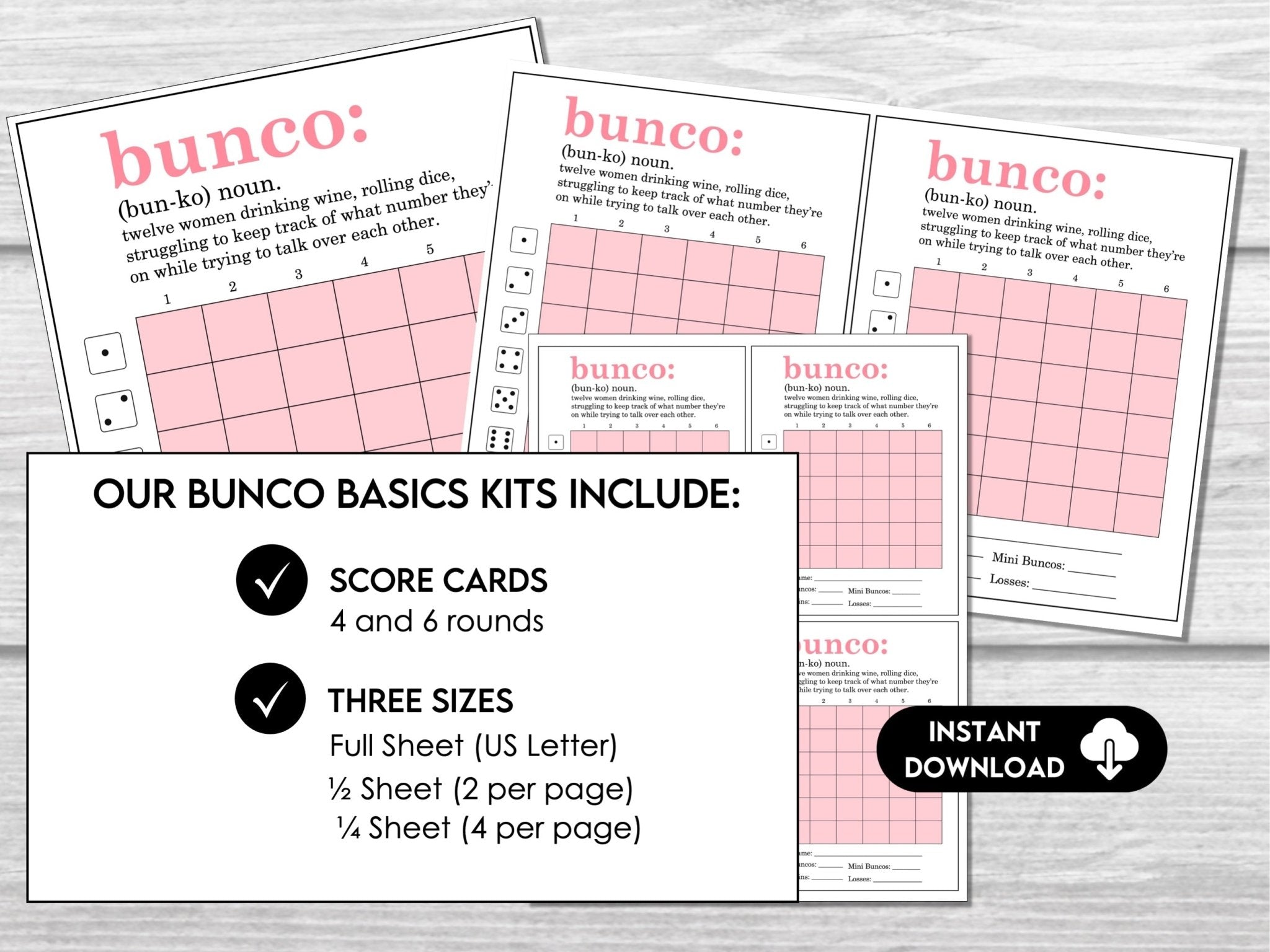 Funny Bunco Definition Scorecards for Bunco Night, includes Tally Sheets and Table Numbers