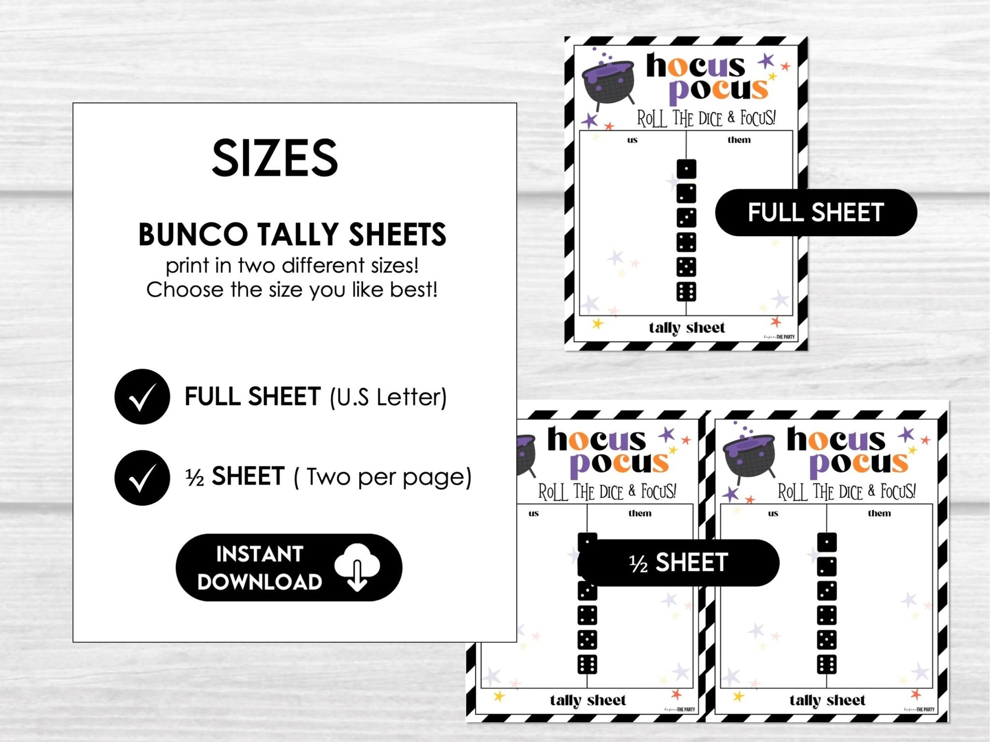 Halloween Bunco Score Cards, Hocus Pocus Score Sheets, October, Bunco Invitation, Halloween Theme