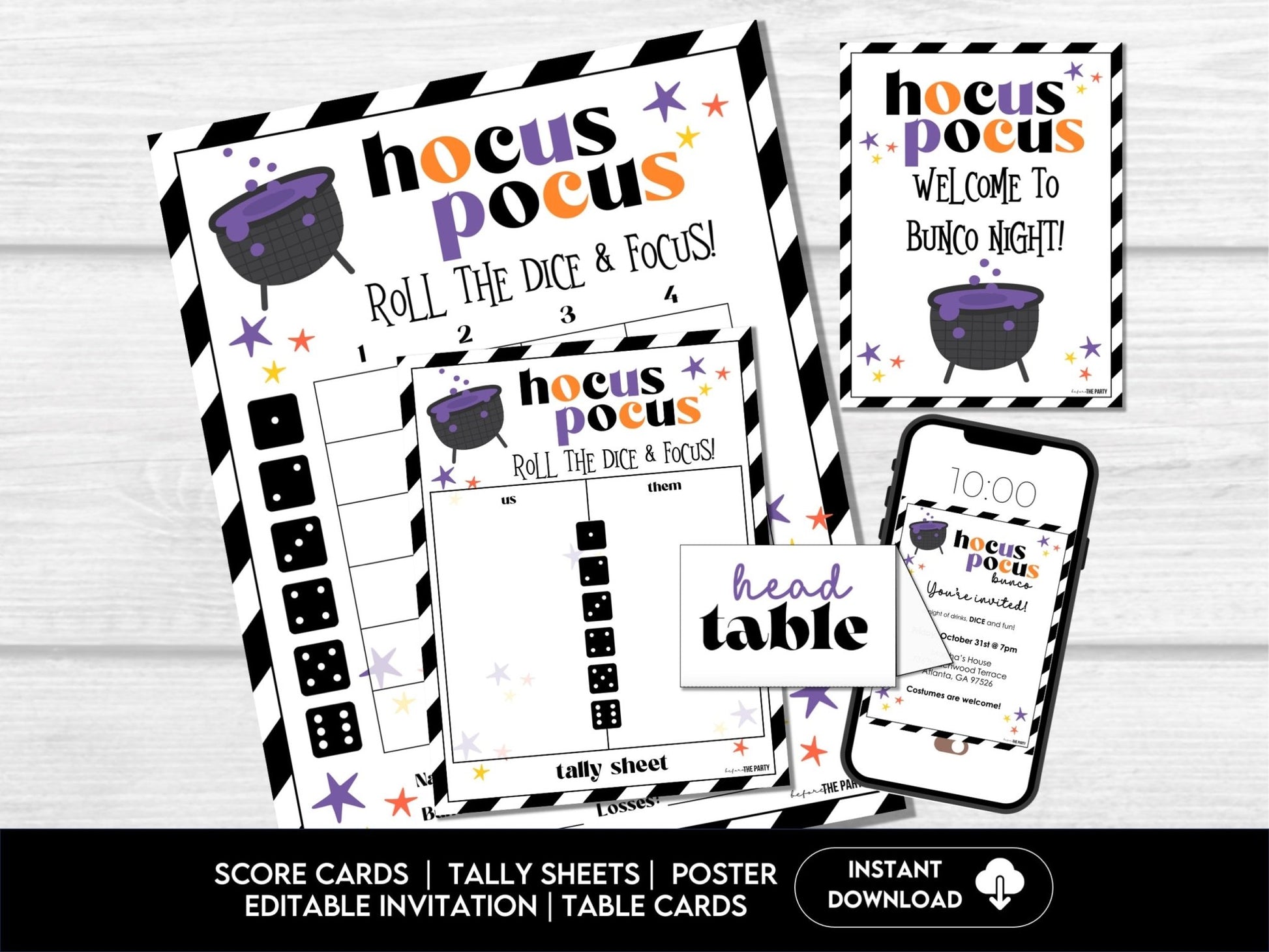 Halloween Bunco Score Cards, Hocus Pocus Score Sheets, October, Bunco Invitation, Halloween Theme