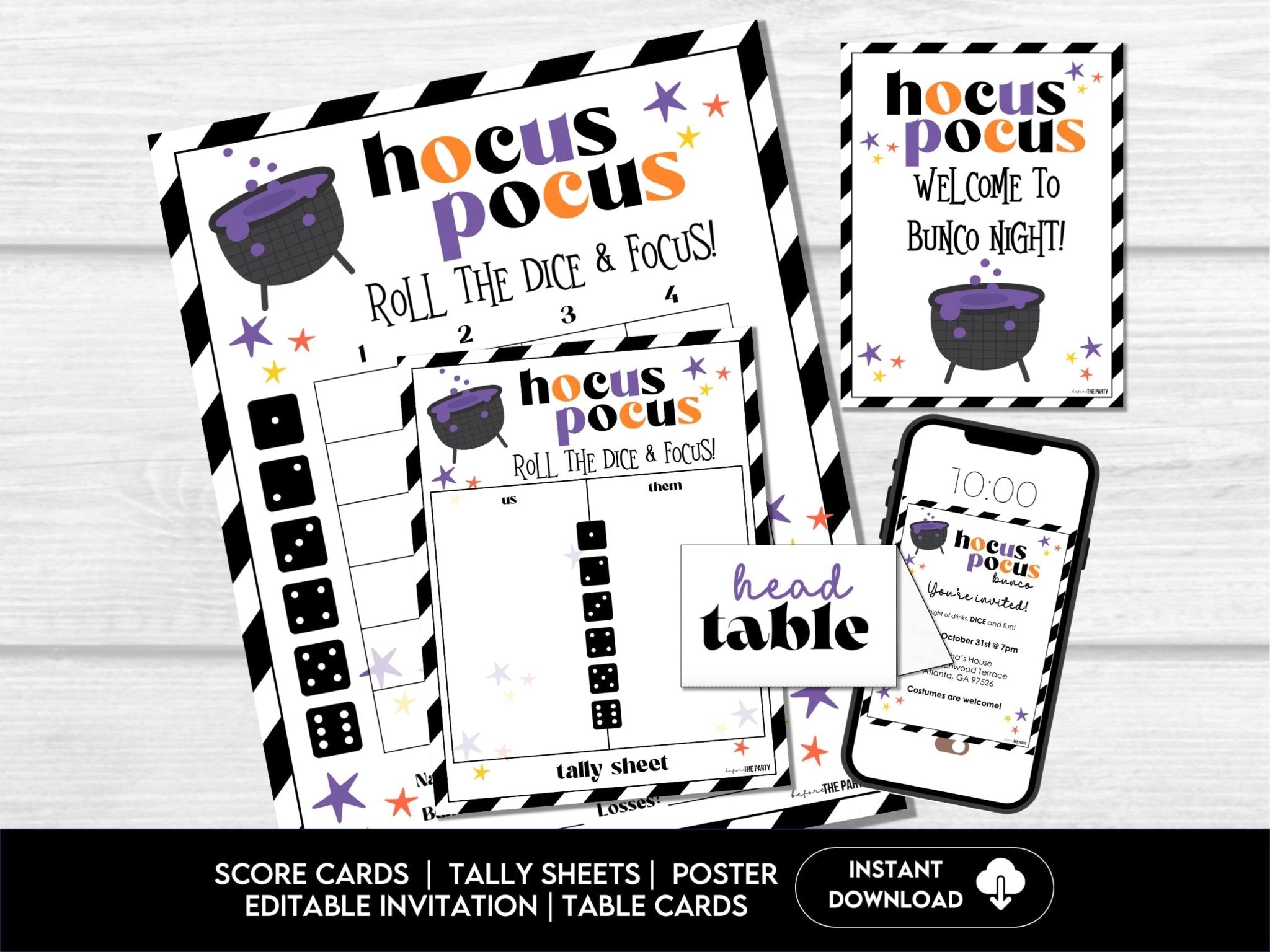 Halloween Bunco Score Cards, Hocus Pocus Score Sheets, October, Bunco Invitation, Halloween Theme