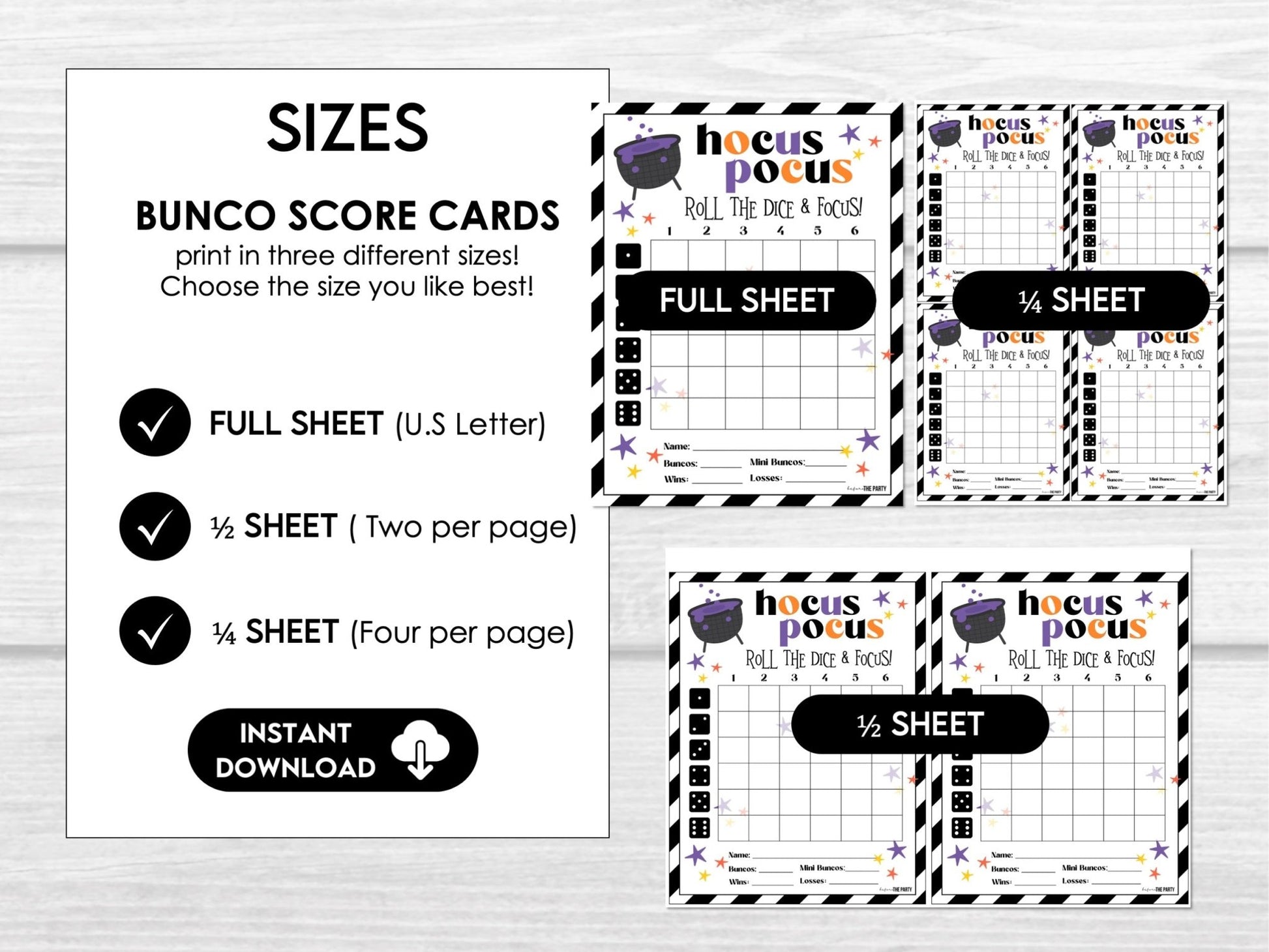 Halloween Bunco Score Cards, Hocus Pocus Score Sheets, October, Bunco Invitation, Halloween Theme