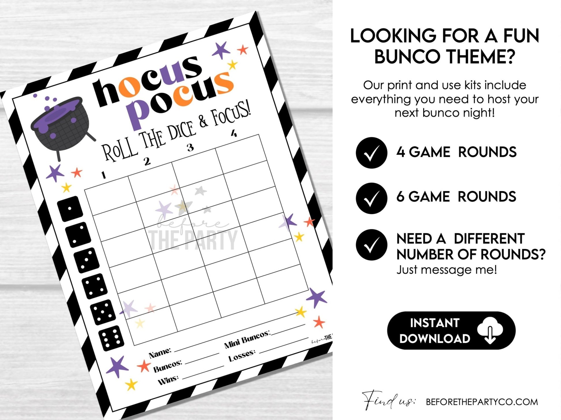 Halloween Bunco Score Cards, Hocus Pocus Score Sheets, October, Bunco Invitation, Halloween Theme