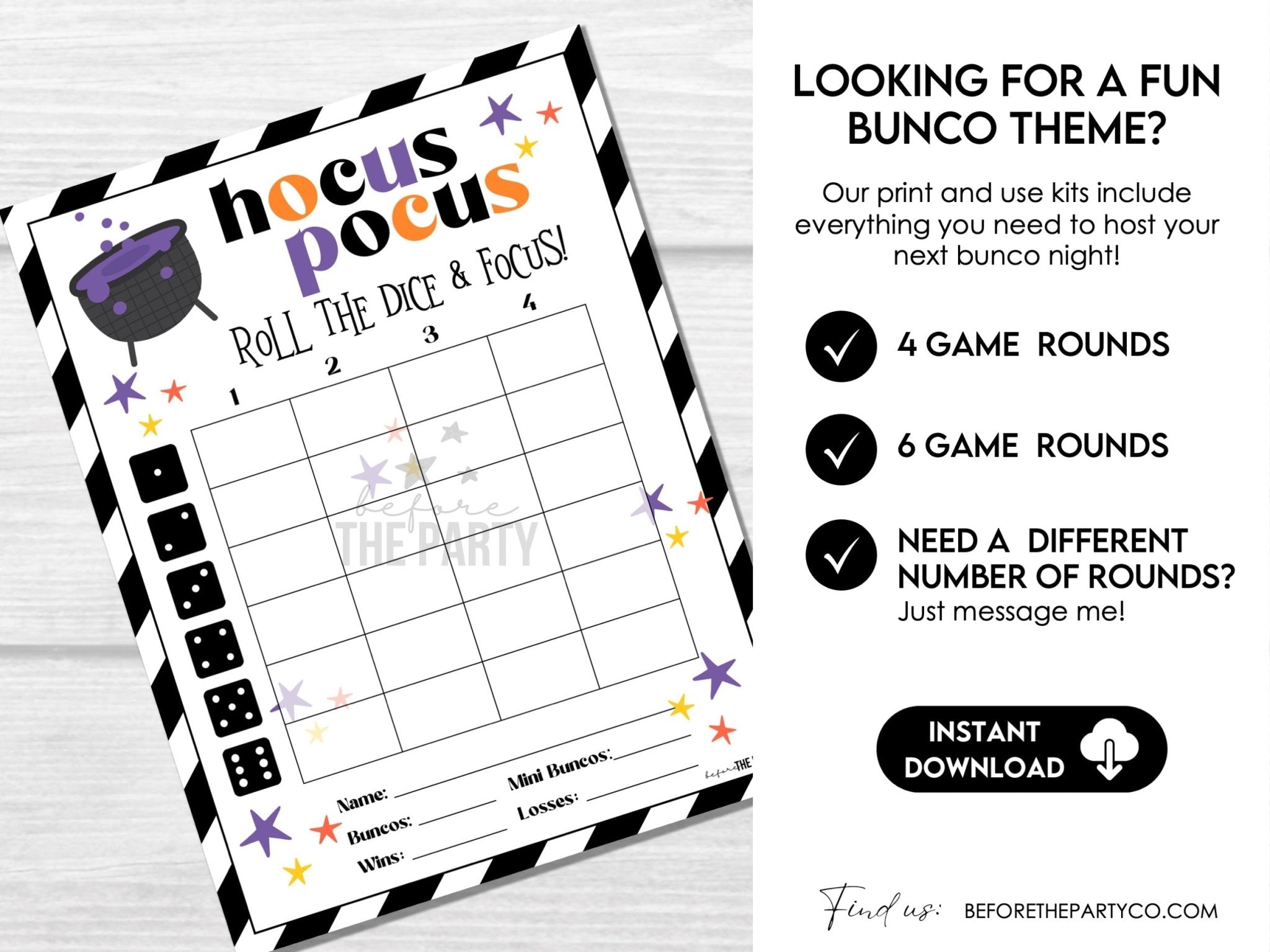 Halloween Bunco Score Cards, Hocus Pocus Score Sheets, October, Bunco Invitation, Halloween Theme