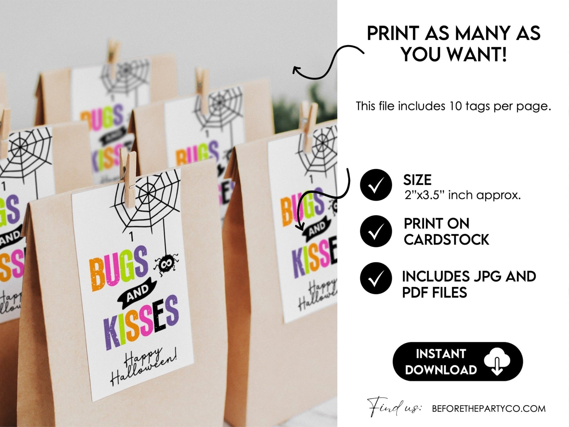 Bugs and Kisses Halloween Favor Tags, Halloween Trick Or Treat Party Favor Tag