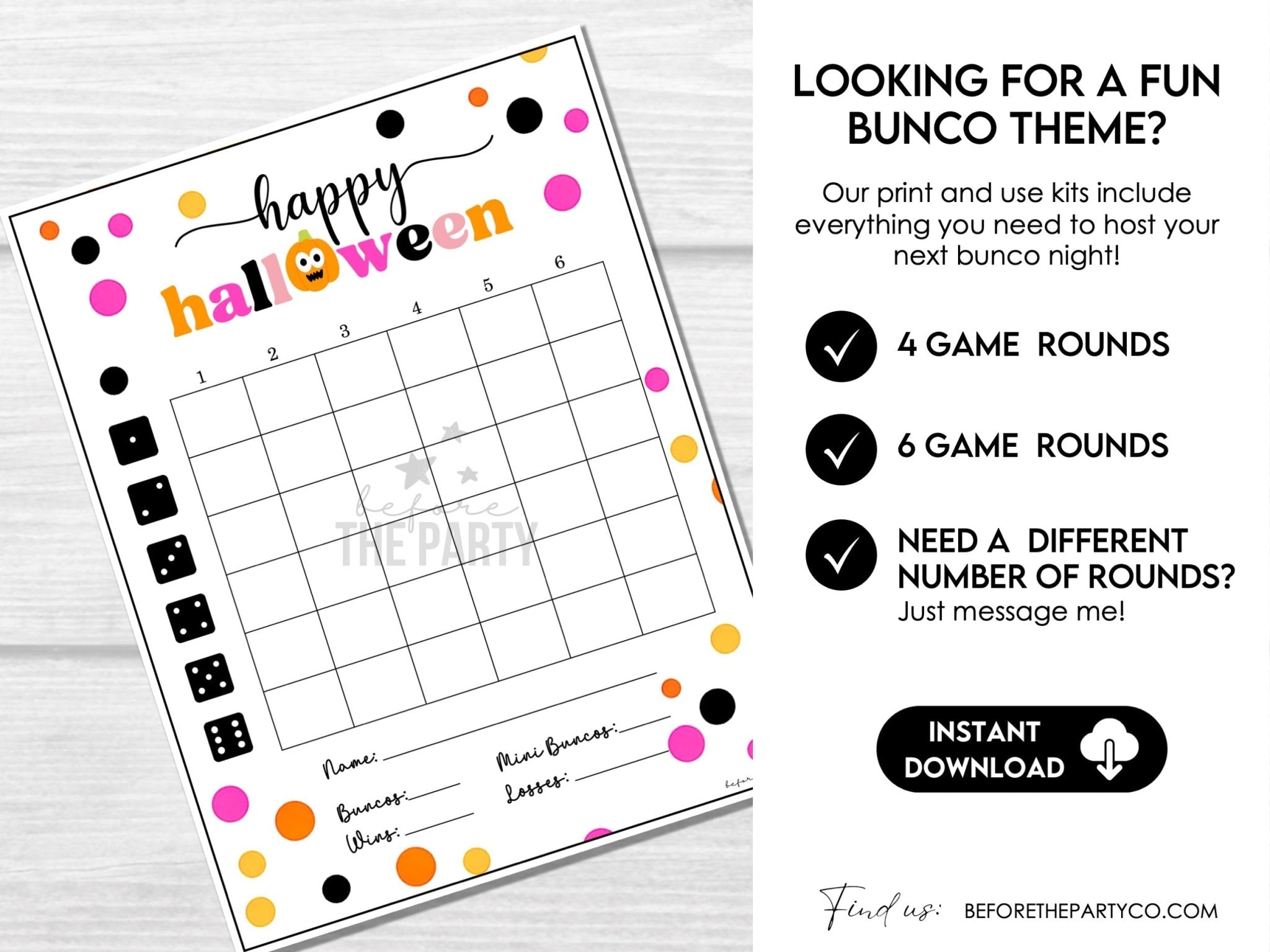 Halloween Pink Polka Dots & Pumpkins Bunco Sheets, Halloween Theme Bunco Party, Bunco Cards