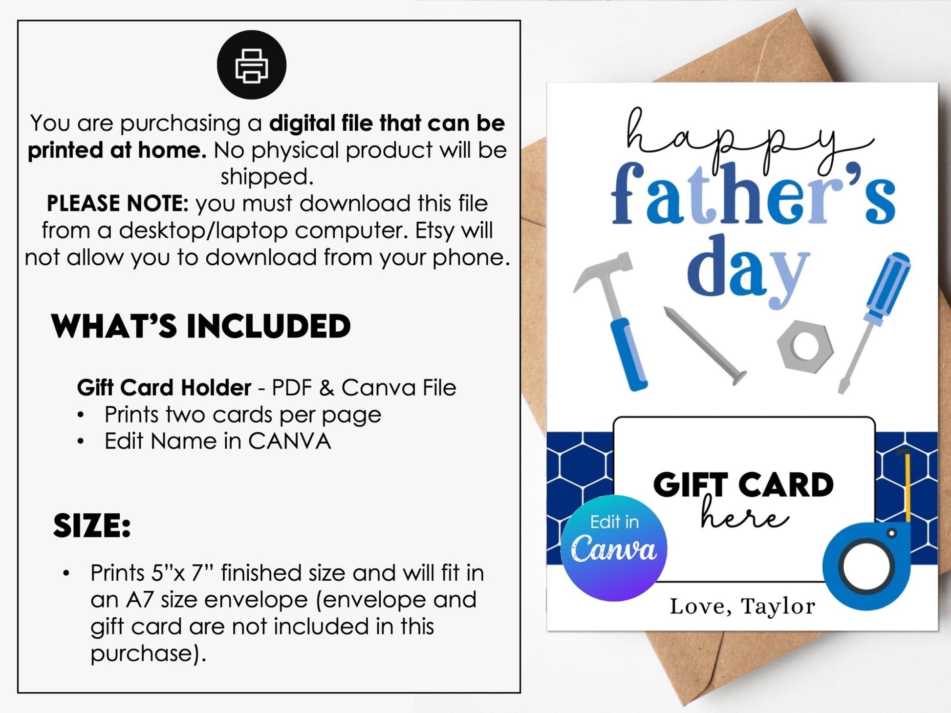 Happy Father's Day Gift Card Holder – Editable 5x7 Canva Template