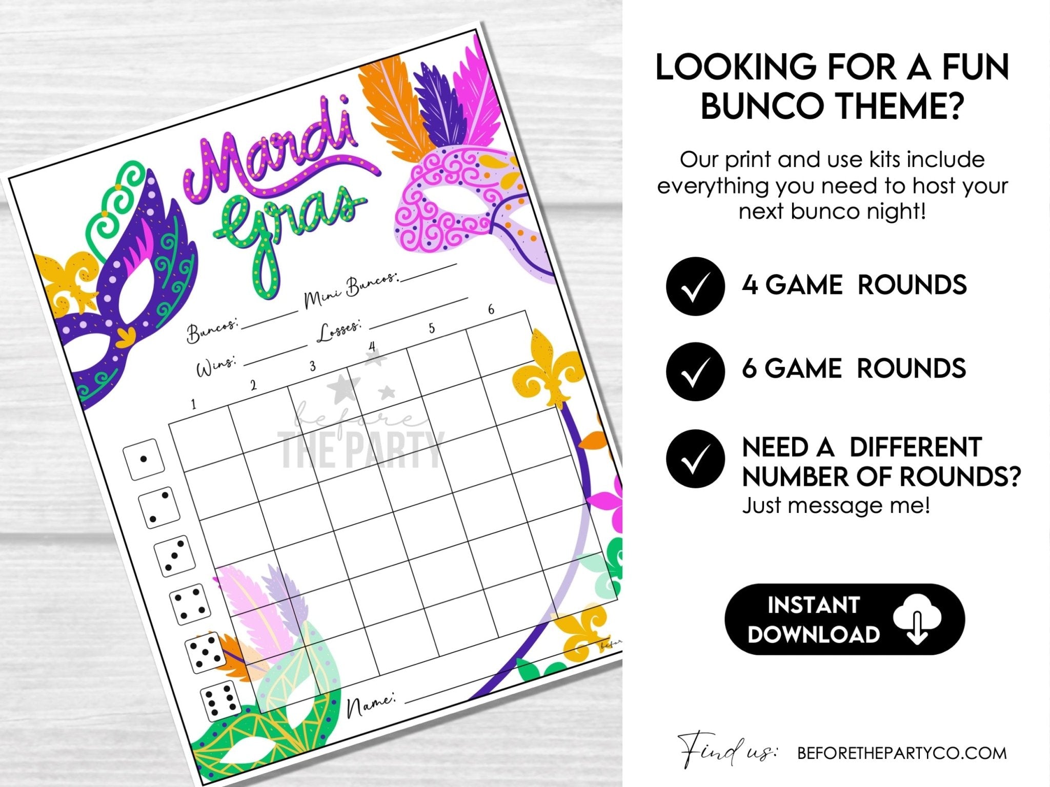 Mardi Gras Bunco Score Sheets, | Tally Sheets, Table Cards, Editable Invitation
