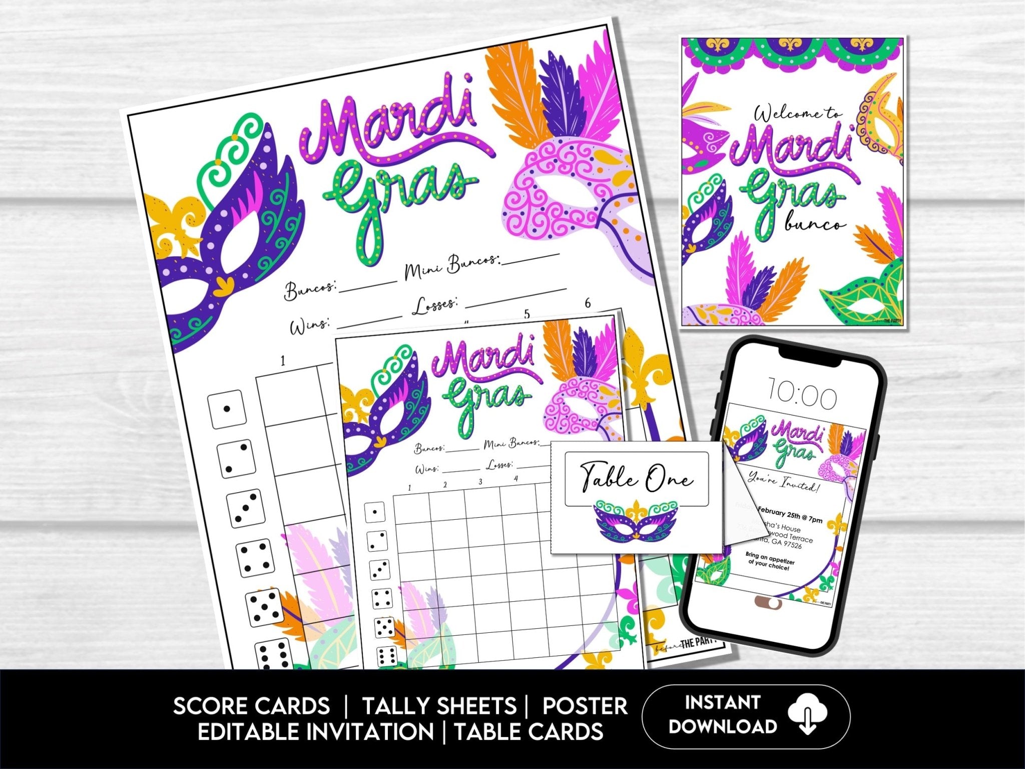 Mardi Gras Bunco Score Sheets, | Tally Sheets, Table Cards, Editable Invitation