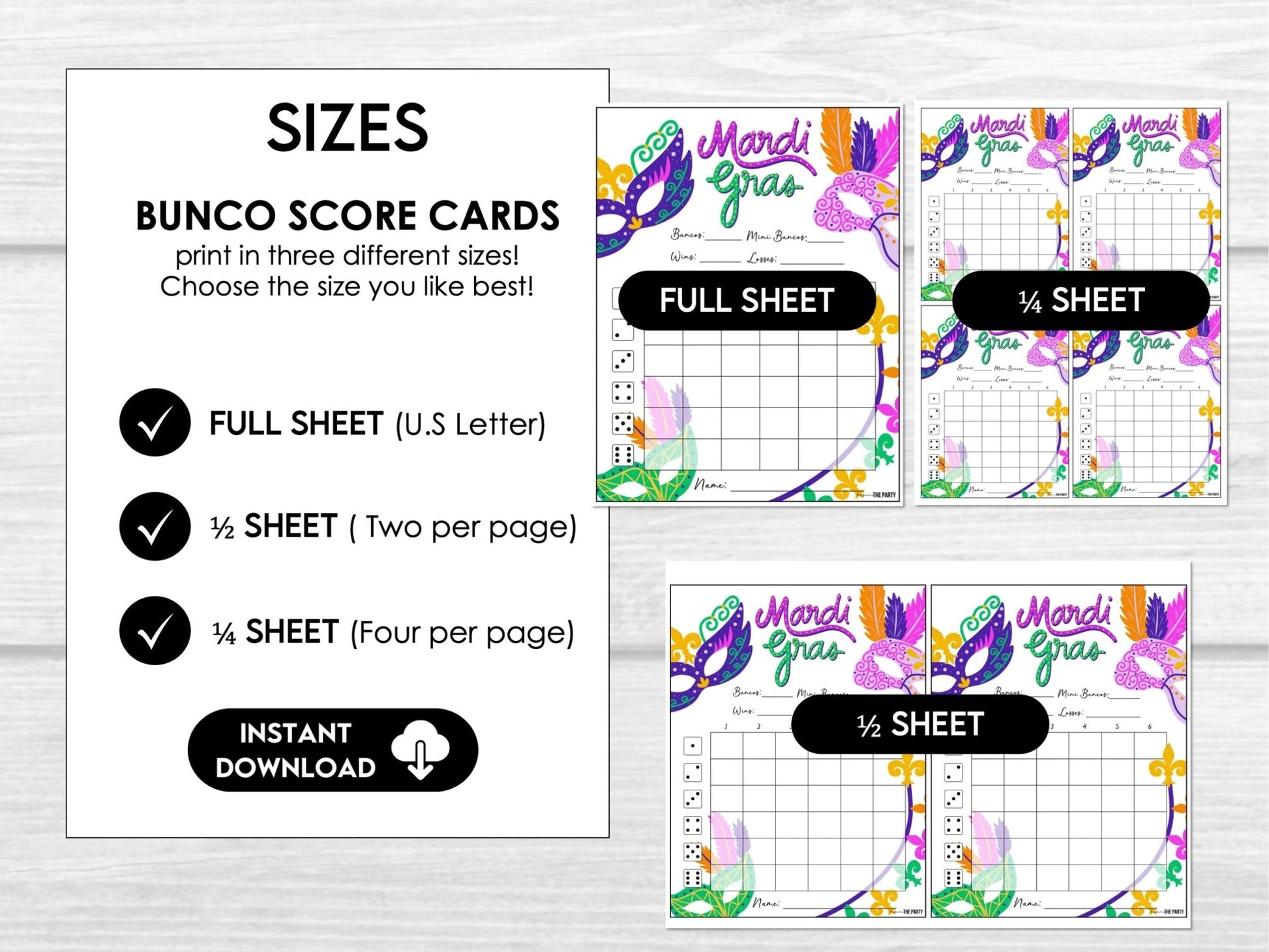Mardi Gras Bunco Score Sheets, | Tally Sheets, Table Cards, Editable Invitation