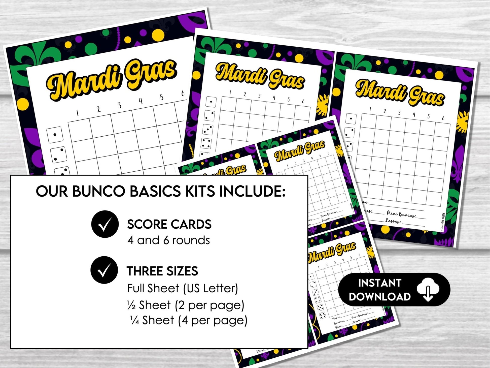 Mardi Gras Bunco Score Sheets, Carnival Themed Bunco Game Printables
